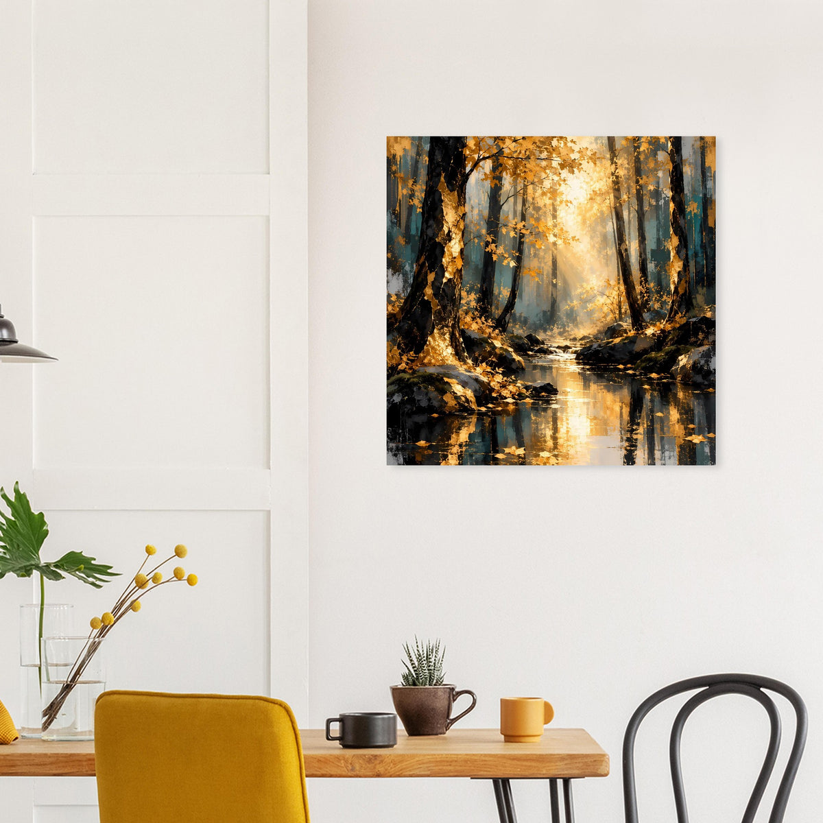 Quadratisches Poster mit Waldspazierweg, goldenen Lichtflecken und Wasserreflexionen.