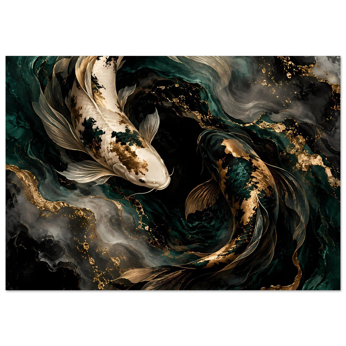 Kunstposter mit zwei Koi-Fischen in Tiefgrün und Gold, horizontaler Ausschnitt