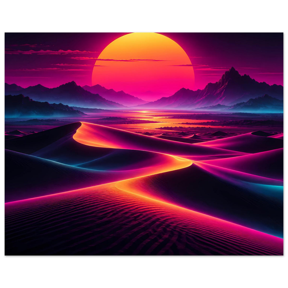 Neon-Desert-Sunset Poster im Querformat mit Wüstenlandschaft und Magenta-Cyan-Linien