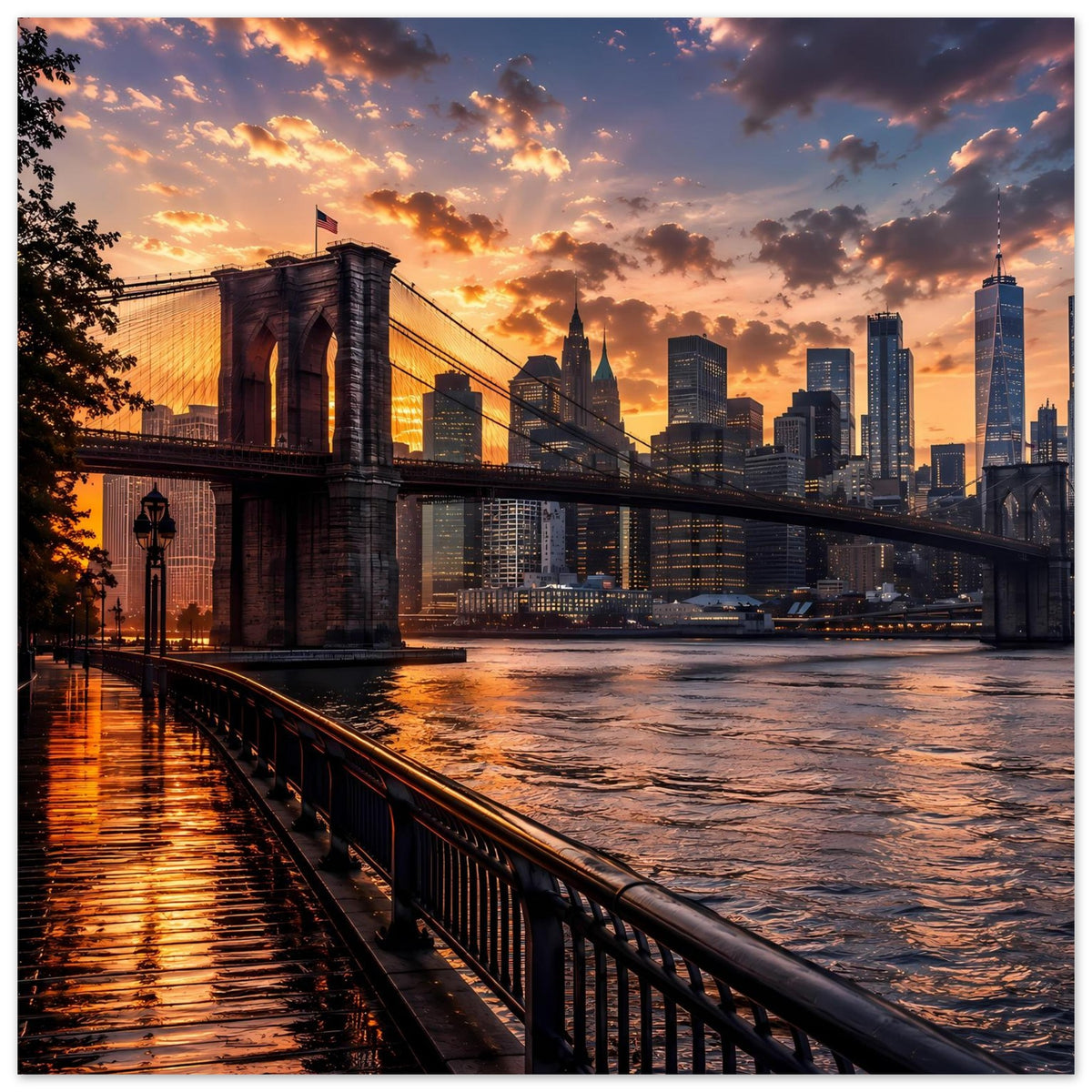 Poster mit Brooklyn Bridge und Manhattan-Skyline bei Sonnenuntergang über dem Fluss