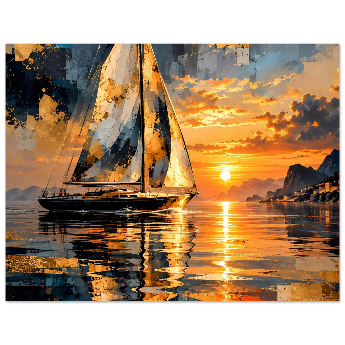 Abstraktes Poster: Segelboot am Sonnenuntergang mit orangefarbenem Licht im Wasser