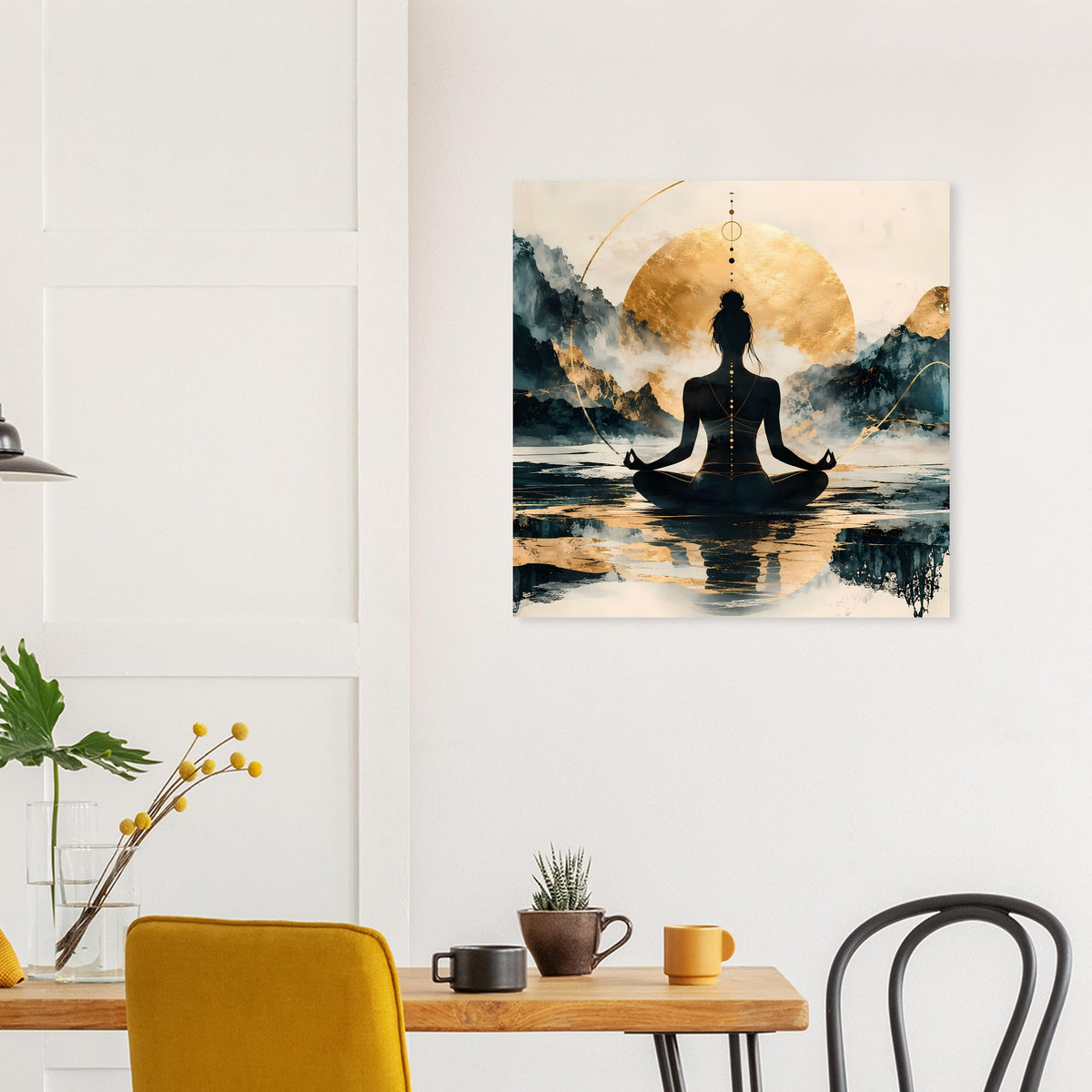 Quadratisches Wandposter mit Meditationsfigur, goldener Kreisrundung und ruhigem See