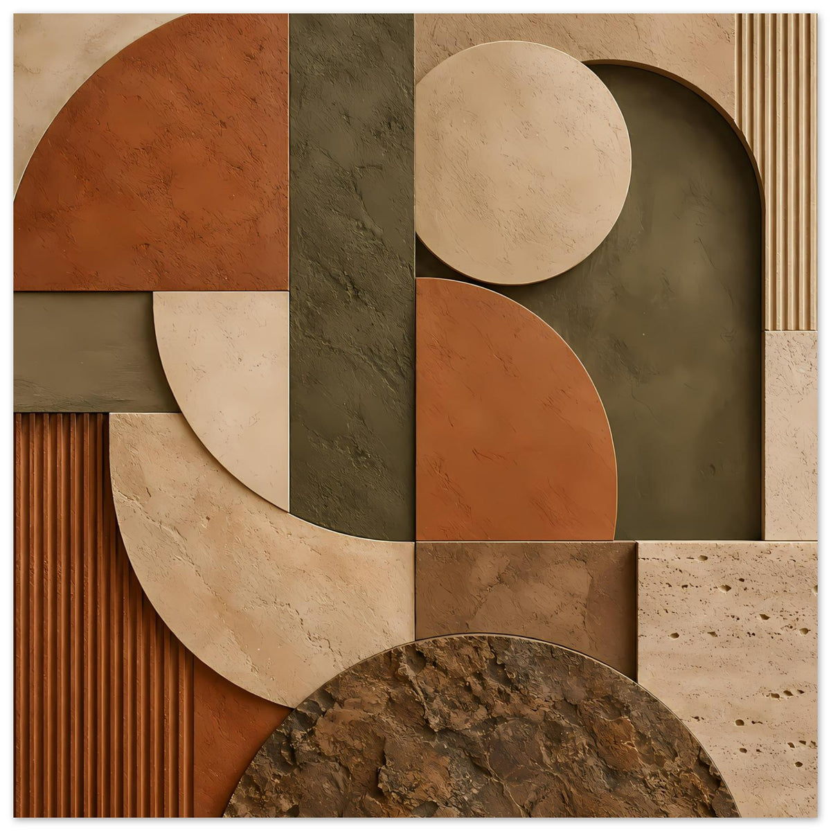 Erdfarbenes geometrisches Abstraktposter mit Kreisformen und geschwungenen Segmenten, Landschaft