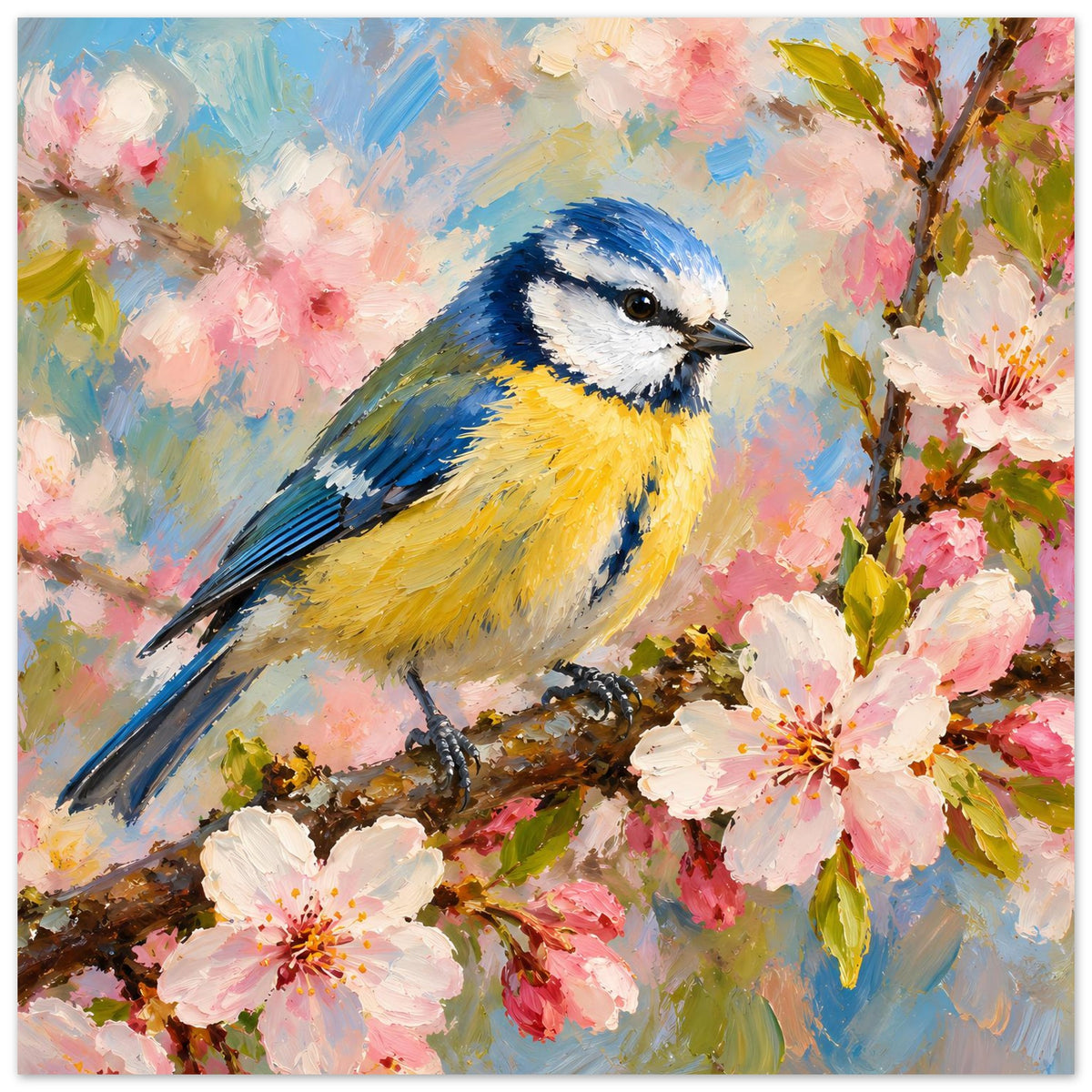 Poster mit blau-gelbem Vogel im Vordergrund und rosa Blüten entlang des Asts