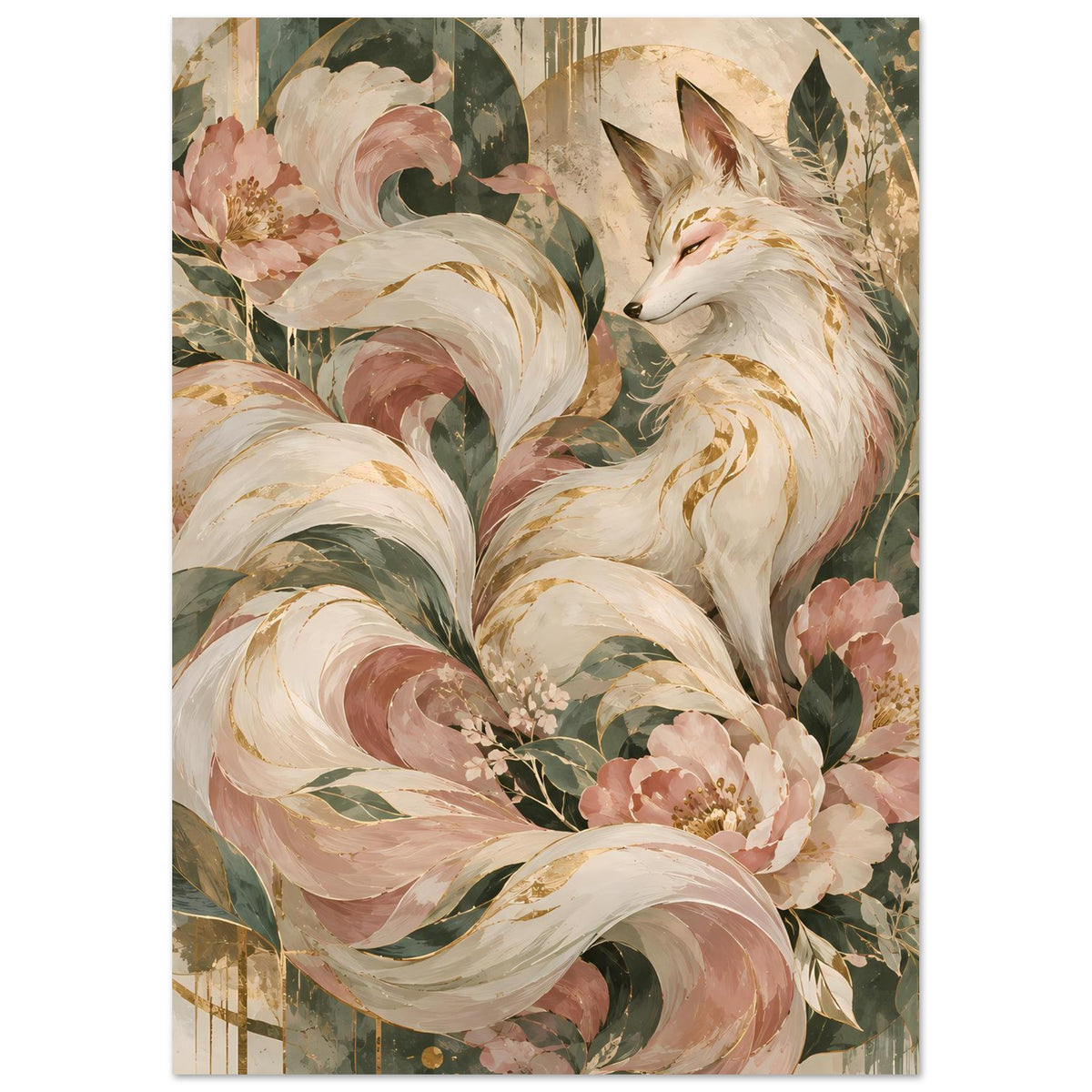 Poster mit mystischem Fuchsmotiv in Rosé-, Grün- und Goldtönen