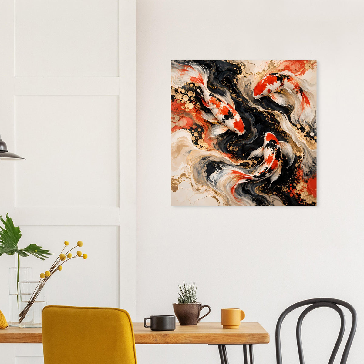 Quadratisches Poster mit Koi-Fischen in Schwarz, Weiß und Orange-Rot, dynamisch
