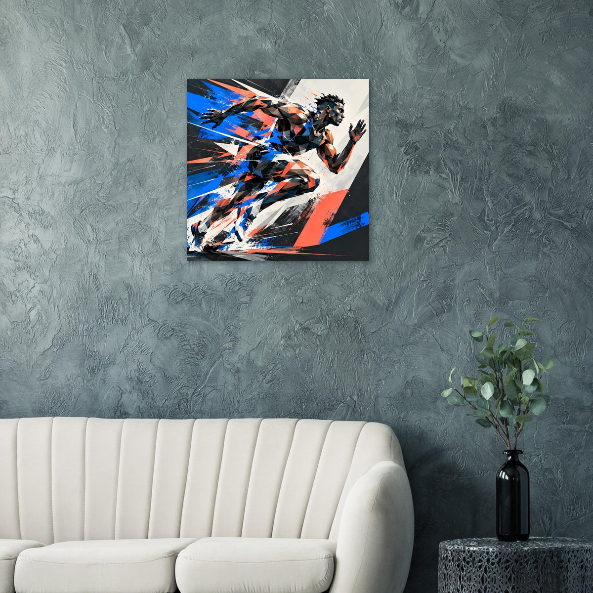 Action-Poster im Rahmen mit abstrakter Figur in Blau- und Orangetönen