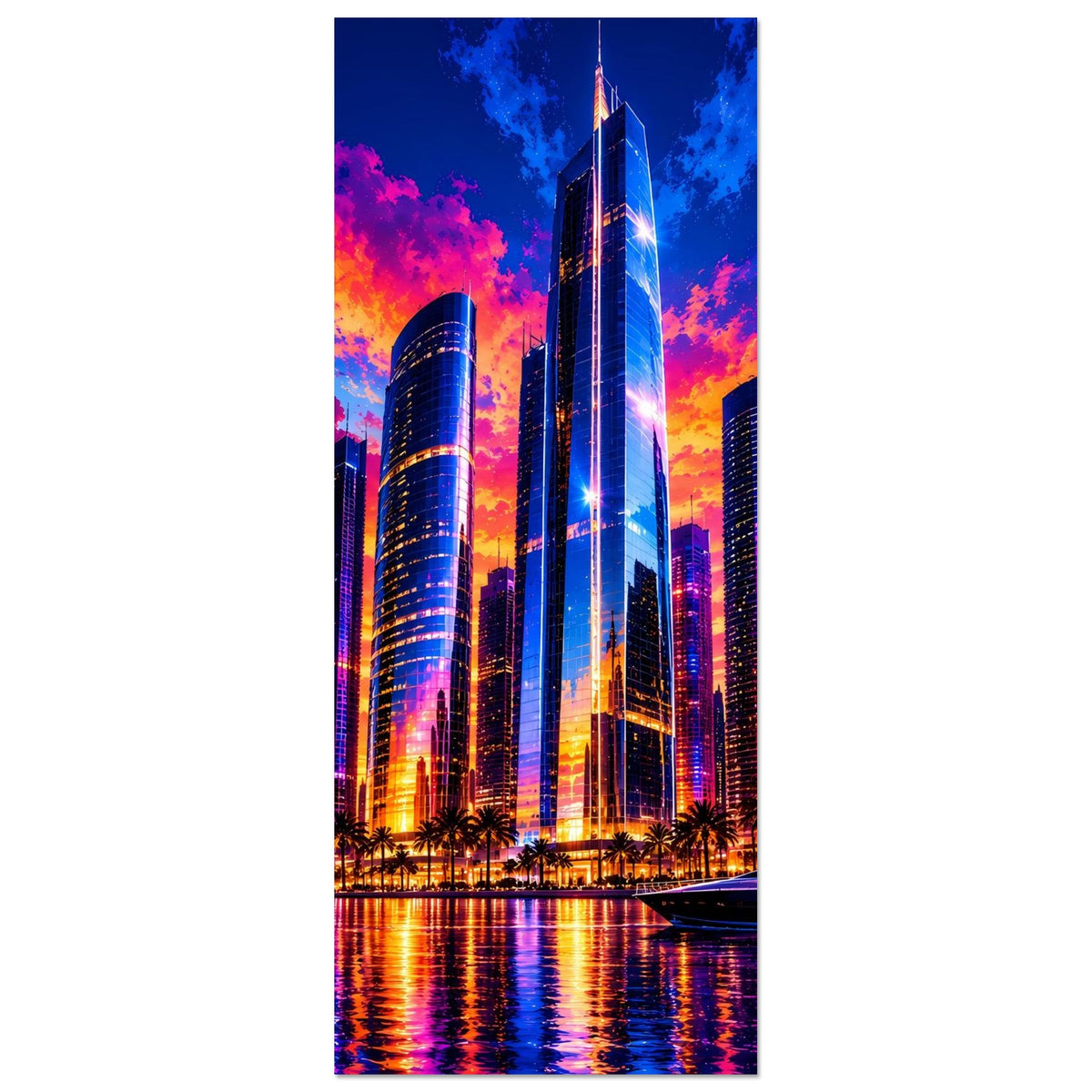 Vertikales Stadtposter: leuchtende Wolkenkratzer-Skyline bei Sonnenuntergang