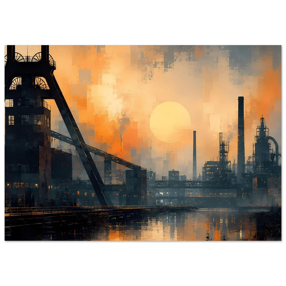 Industrielles Dämmerungs-Wandposter, Querformat mit Industrieanlage links und Sonnenkreis