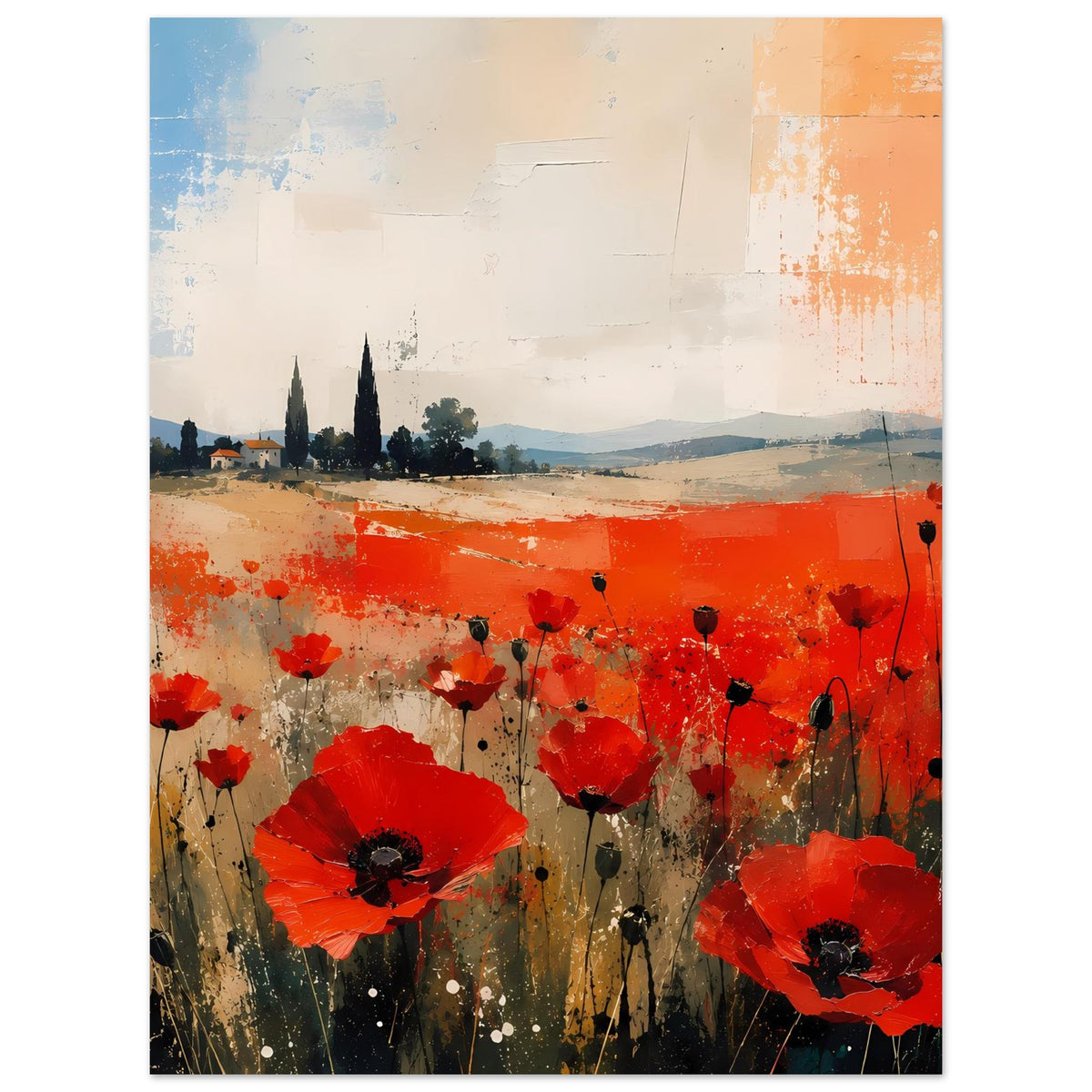 Poster mit roten Mohnblumen in abstrakter Landschaft, gemalte Blüten mit dunklen Kernen