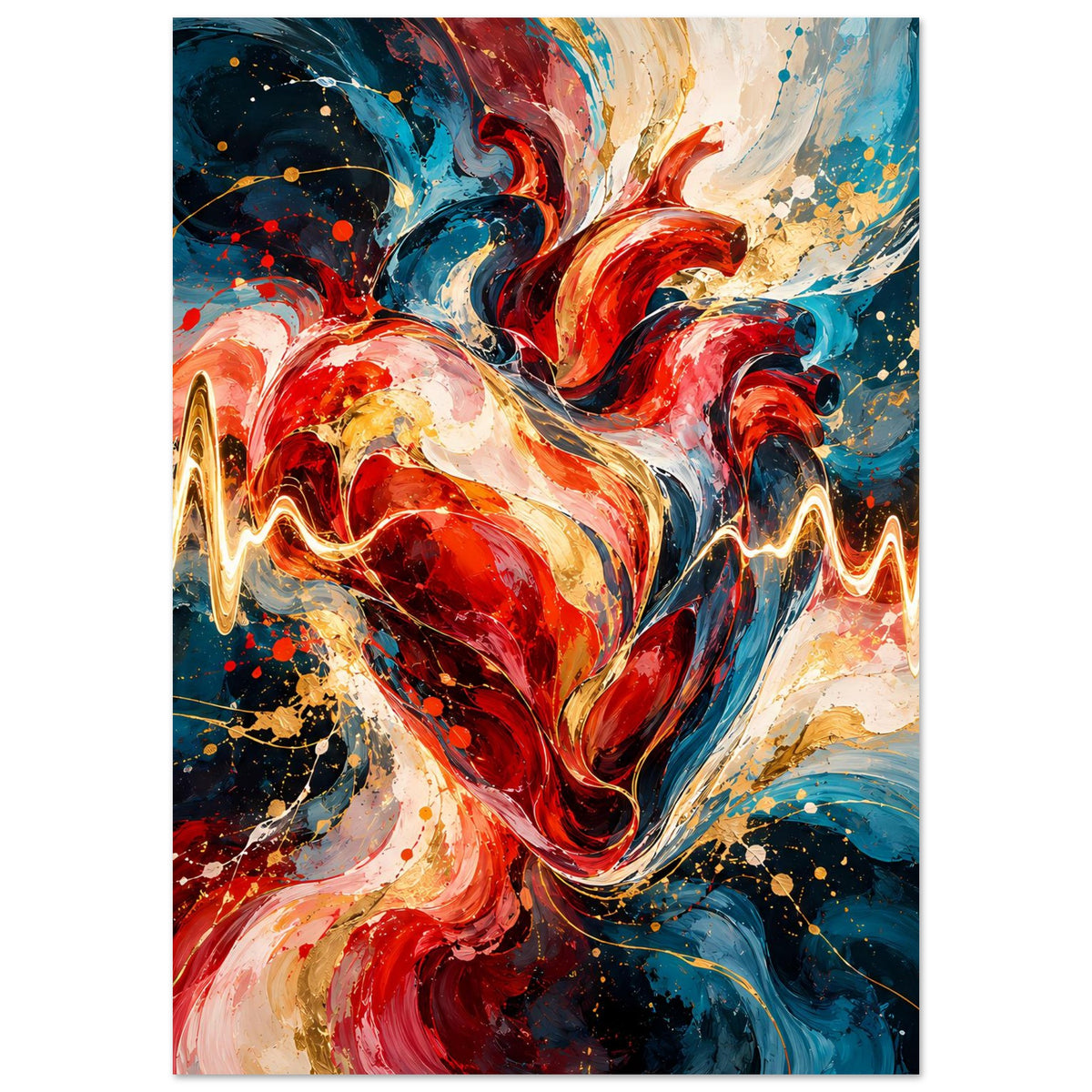 Abstraktes Herz mit Herzschlaglinie-Poster, Hochformat, abstrakte Herzform mit Pulswellen-Look