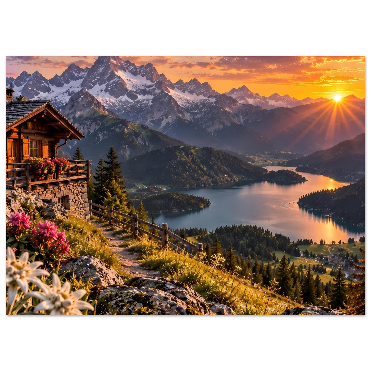 Horizontales Poster mit Alpenlandschaft: Sonnenuntergang über See, Berge, Chalet und Blumen