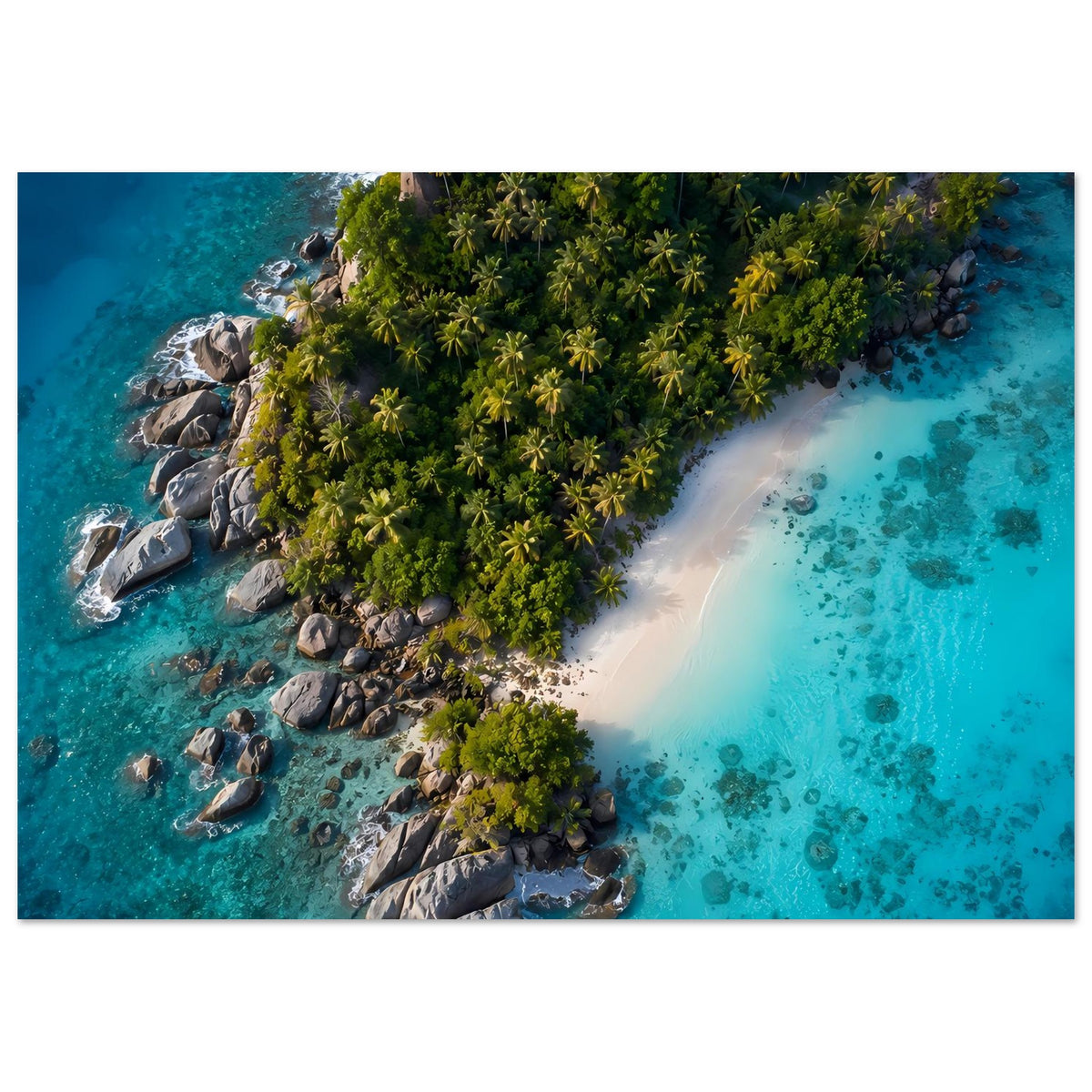 Poster mit Palmeninsel und Lagune: sandige Küste, türkisblaues Meer und Felsen