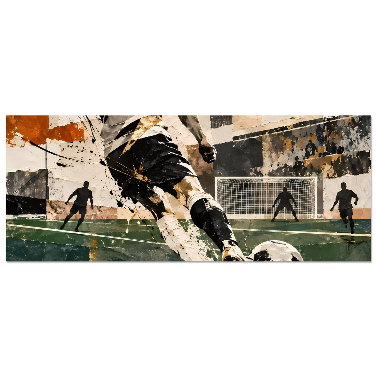 Fußball-Action-Kunstposter quer: Spieler mit Ball, Tor im Hintergrund, abstrakte Farbfelder