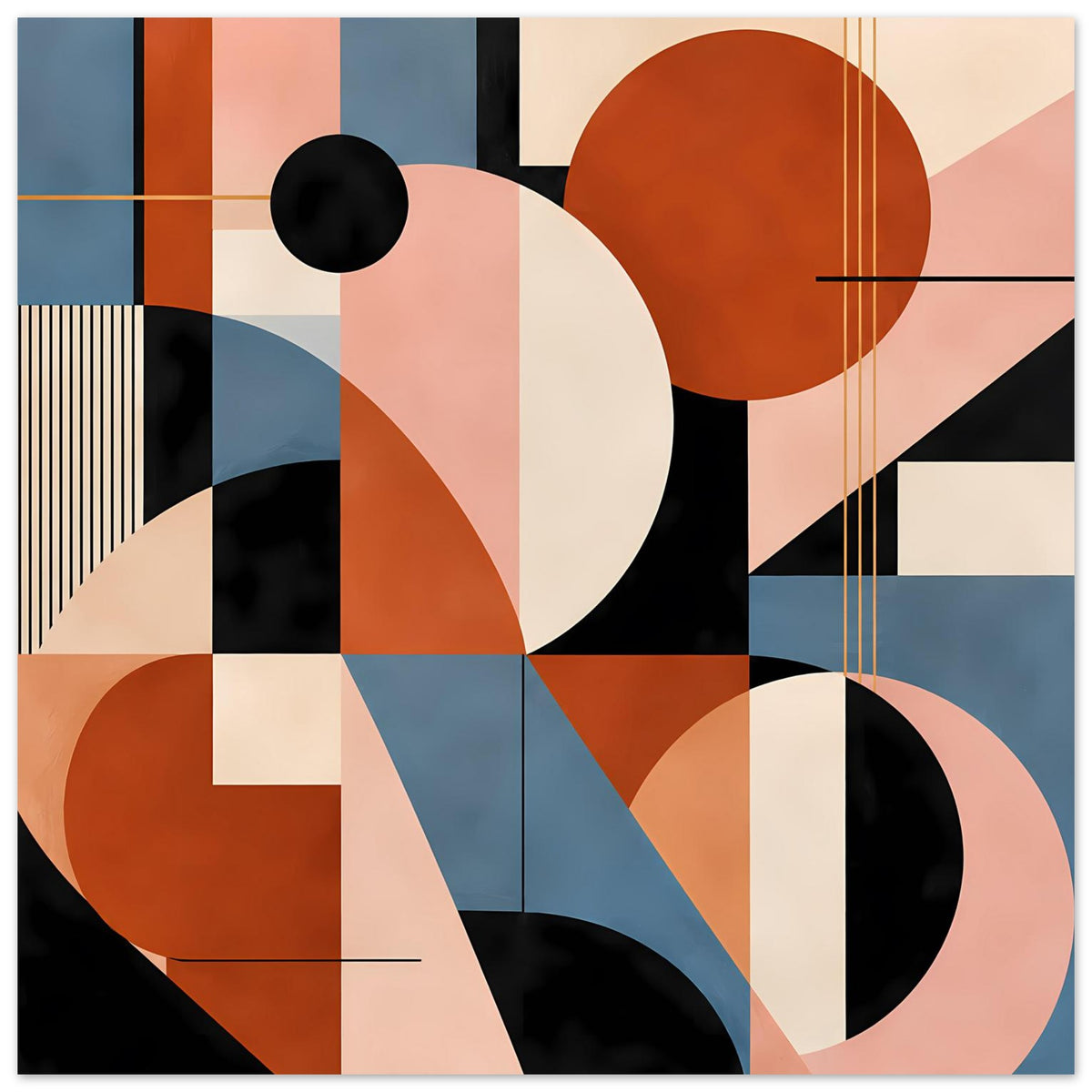Geometrisches Kunstposter mit großen Kreisen, Linien und Pastellfarben in Terrakotta, Blau und Blush