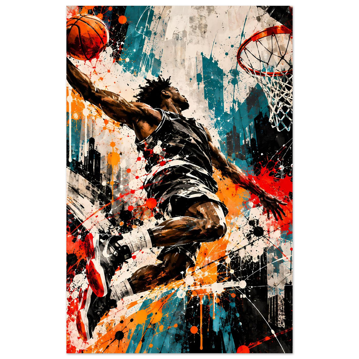 Basketball-Poster mit Spritzkunst-Spieler, Basketball und Korb, dynamische Farbflächen