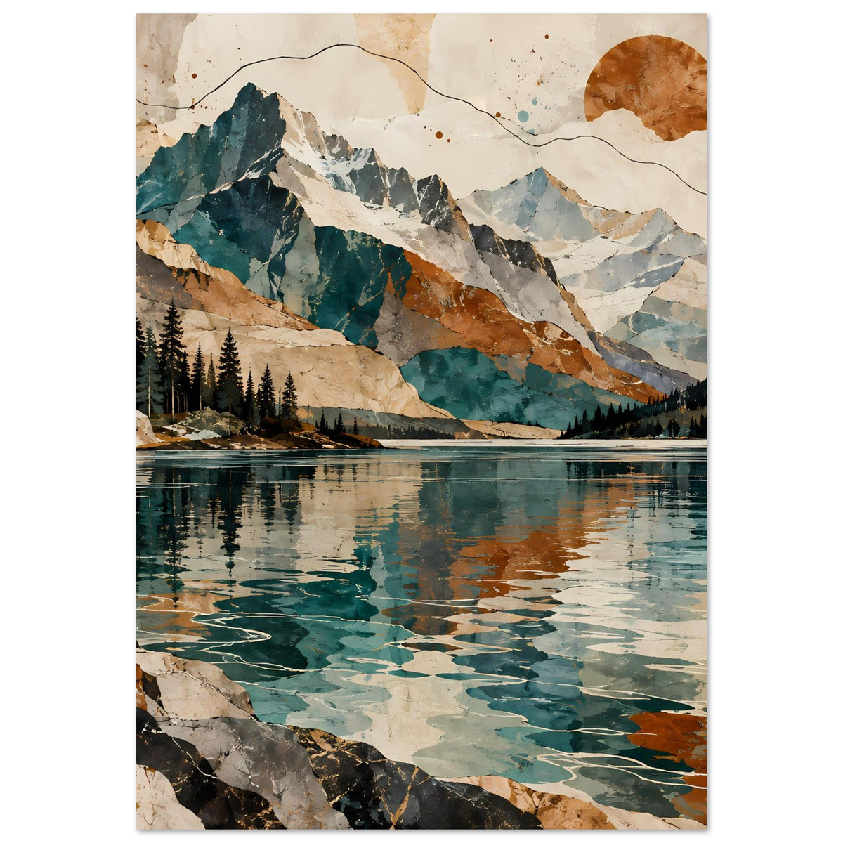 Poster mit Bergpanorama und See, türkisblaues Wasser und felsige Ufer, sonnige Akzente.