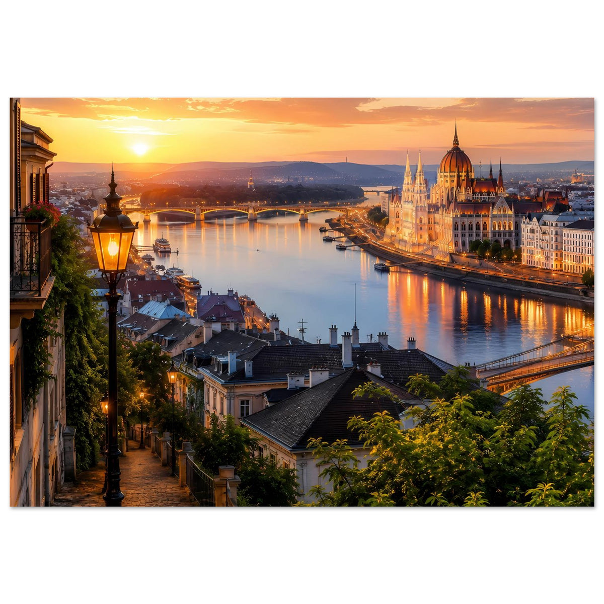 Horizontales Poster mit Sonnenuntergang, Fluss, Brücke und beleuchteter Altstadt