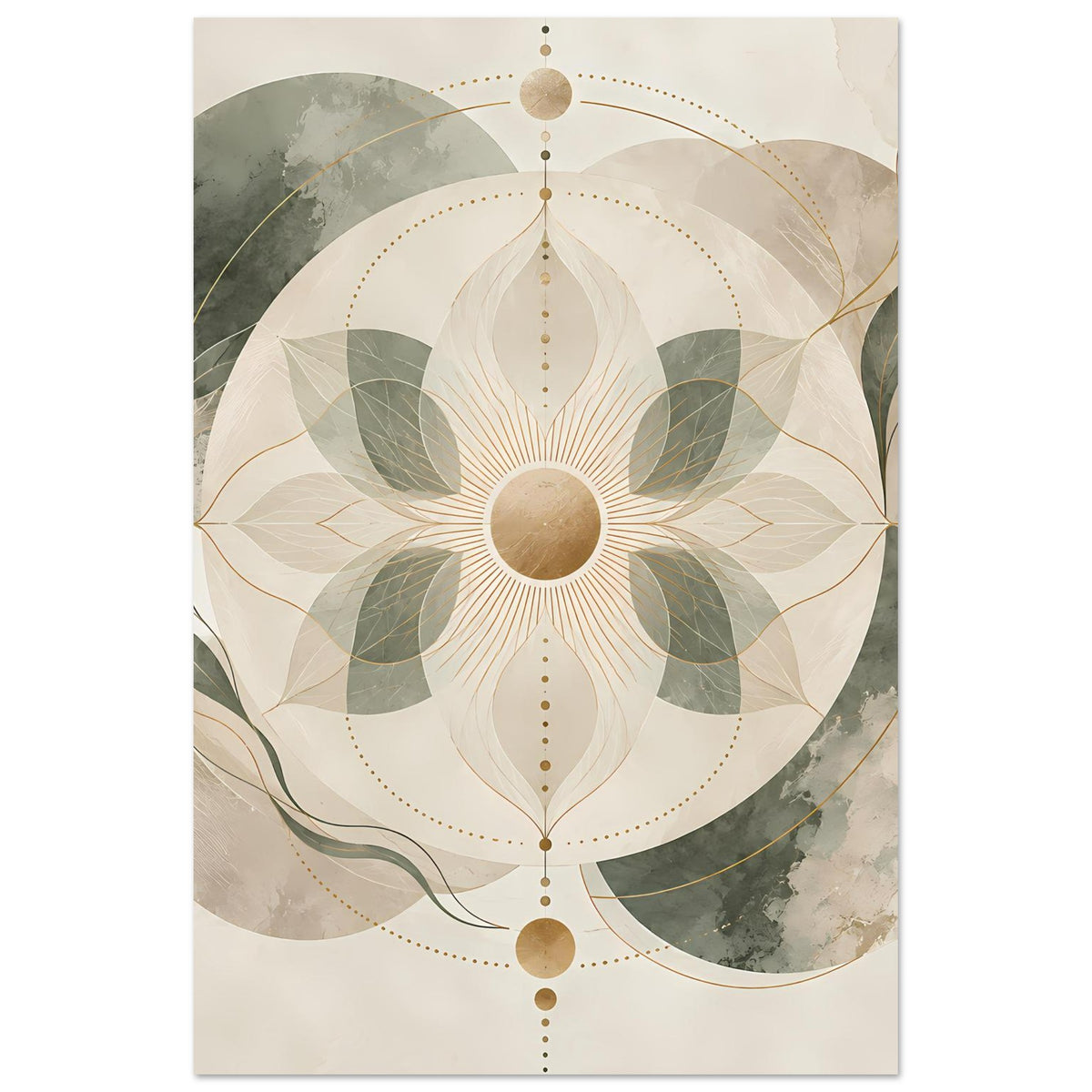 Zen-Poster im Hochformat mit beiger Mandala, grünen Blättern und goldenen Linien