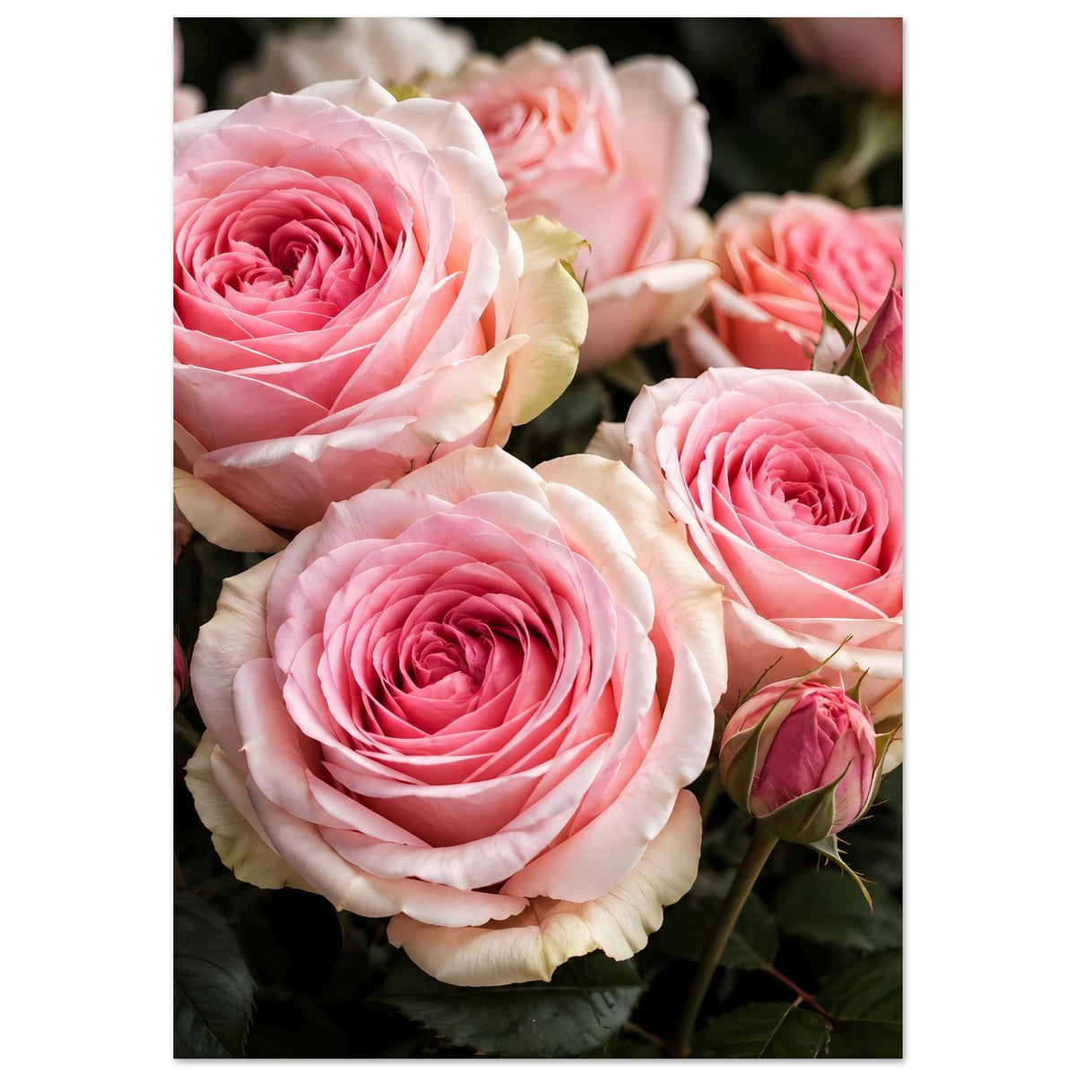 Poster mit rosa Rosenblüten und cremeweißen Blütenblättern, drei große Blüten