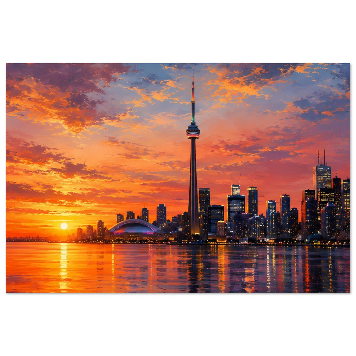 Poster im Querformat: Stadtansicht mit Fernsehturm bei Abendsonne und wolkigem Orangehimmel