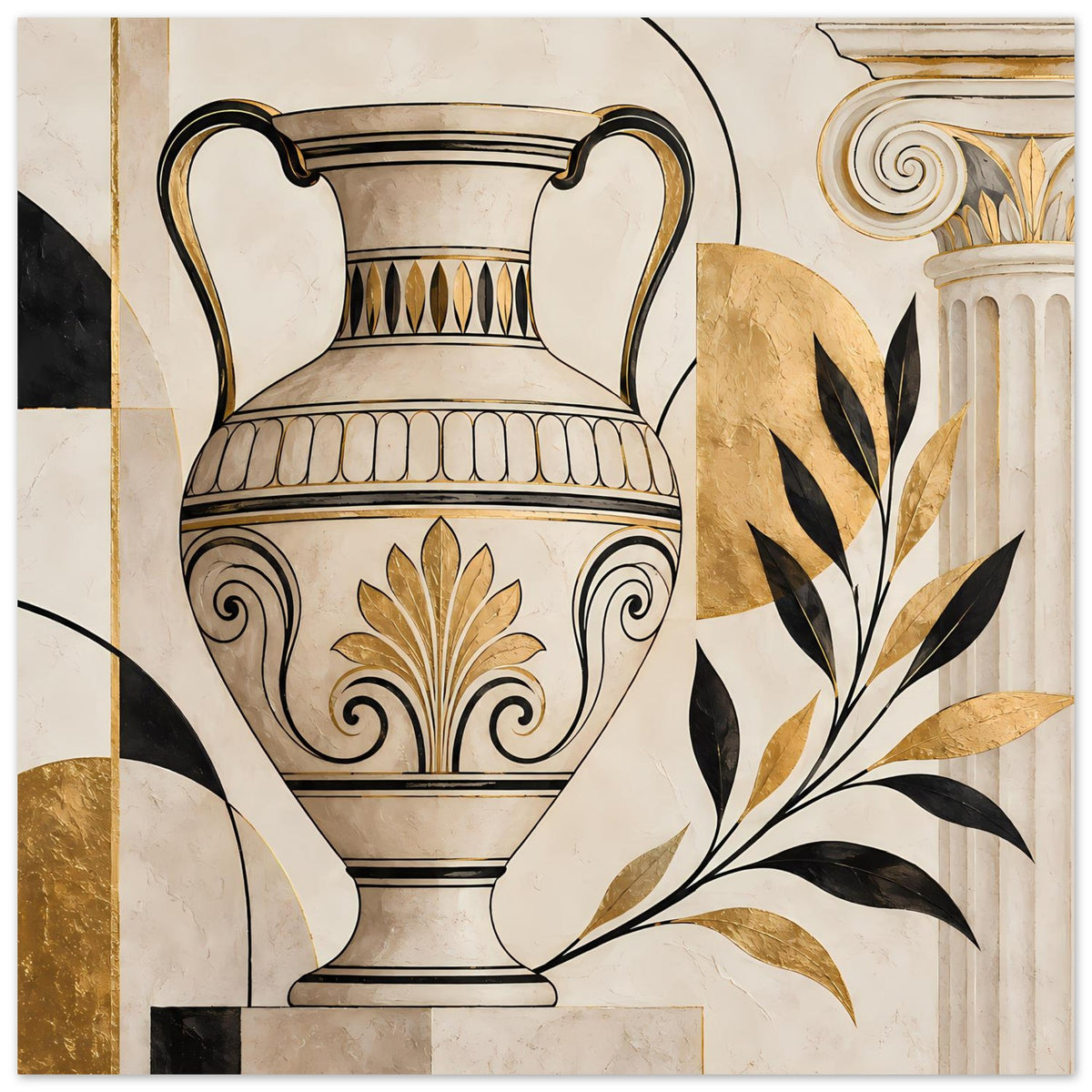 Wandposter mit Amphore, goldenen Ornamentelementen und schwarzem Blattmotiv
