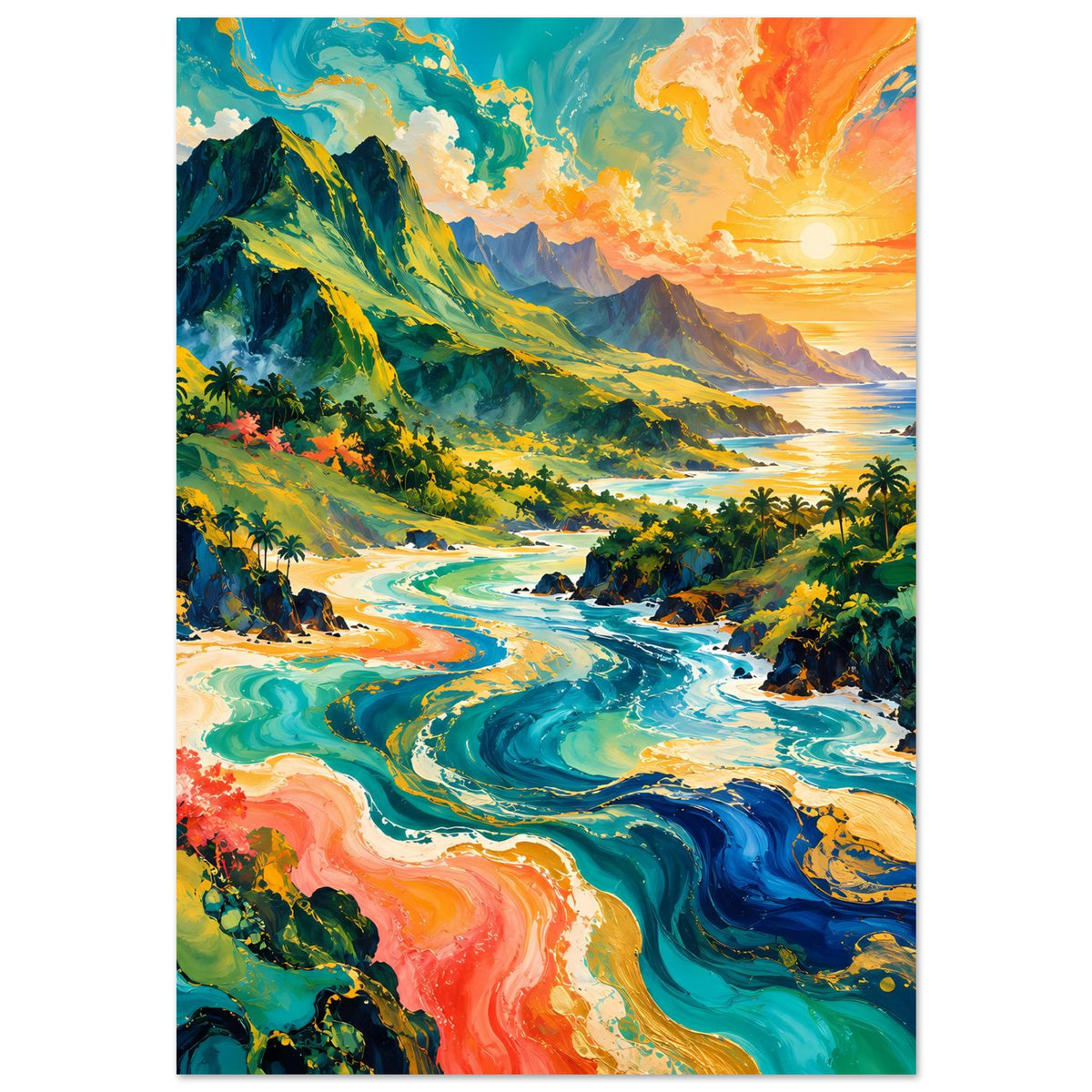 Tropisches Sonnenuntergangs-Poster, vertikal: Gebirge, türkisblauer Fluss, Palmen am Strand