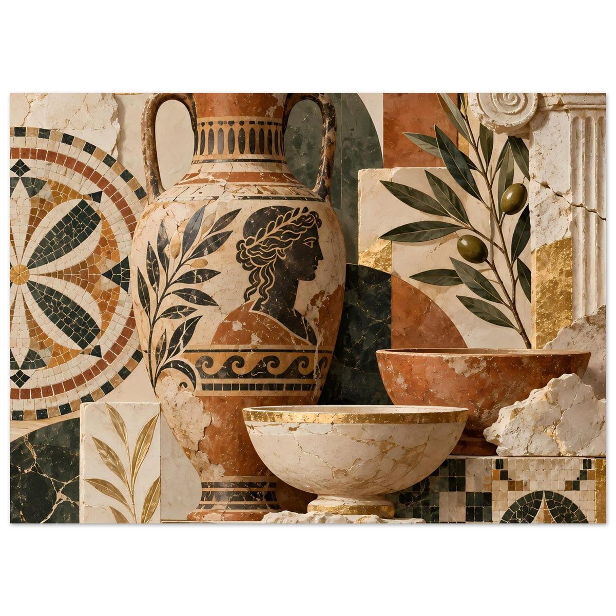 Mosaikposter mit Keramikvase, Schale und Ornamentmosaik in warmen Mediterrantönen