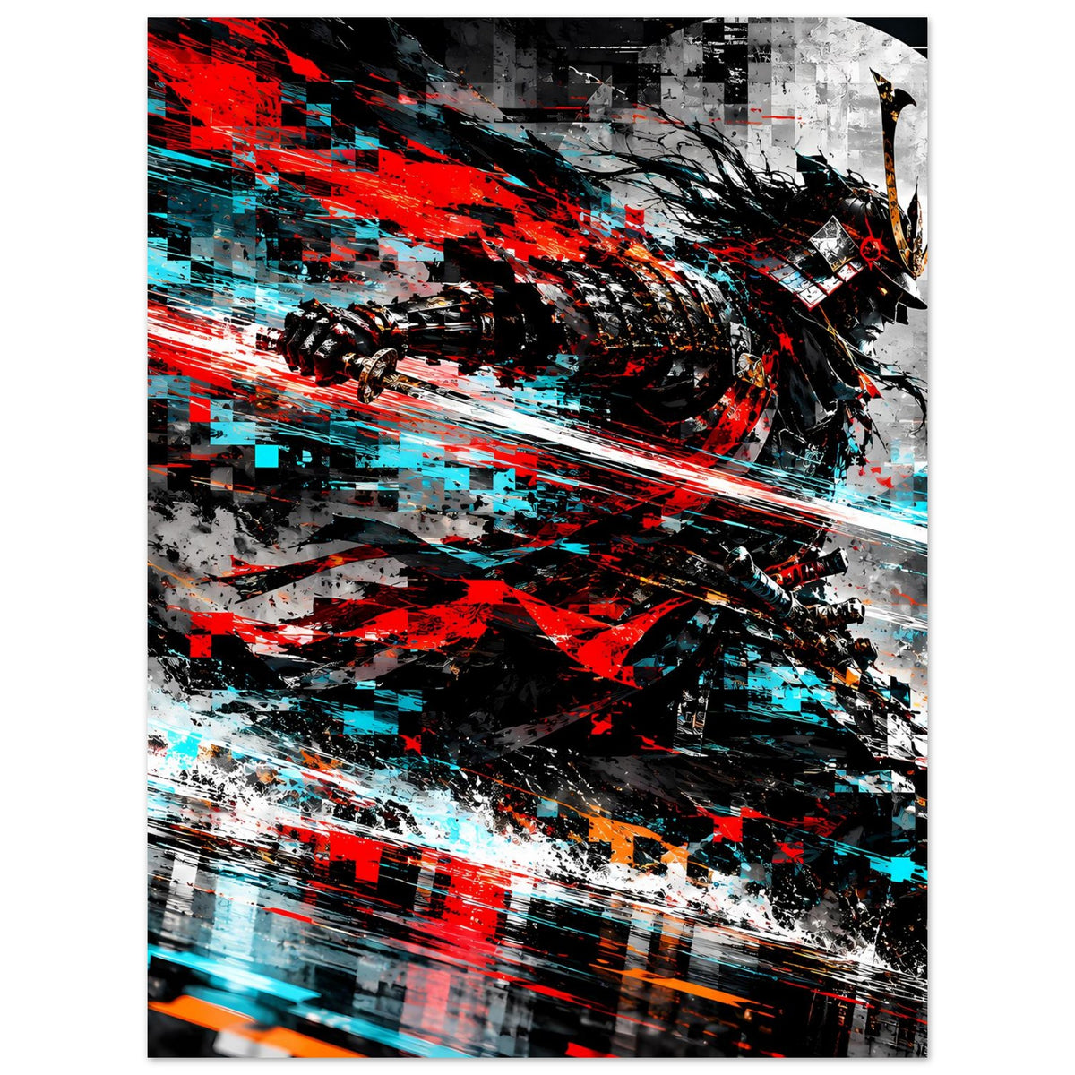 Actionposter mit Samurai-Motiv, abstrakter Strichgrafik in Rot, Cyan und Schwarz