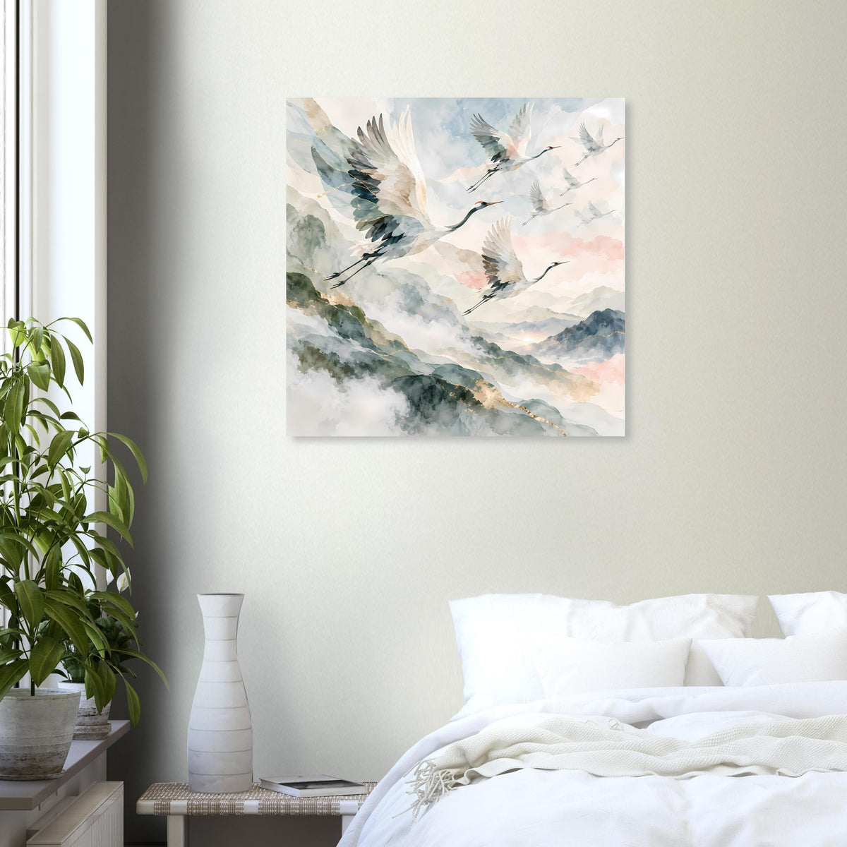Poster mit fliegenden Kranichen in sanften Aquarelltönen, Golddetails