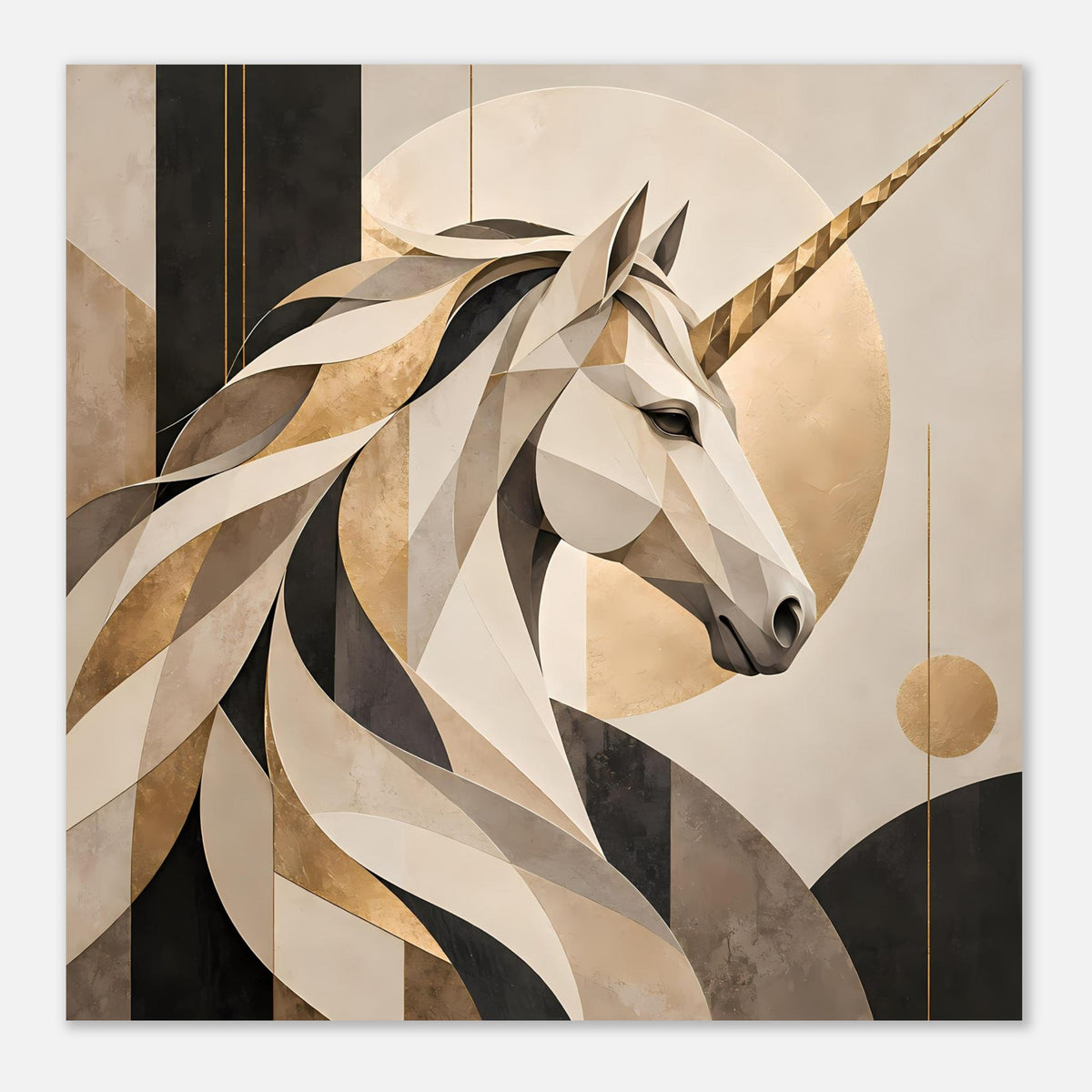 Einhorn-Porträtposter mit Horn und Auge, geometrische Dreiecke in Creme, Gold und Dunkelgrau