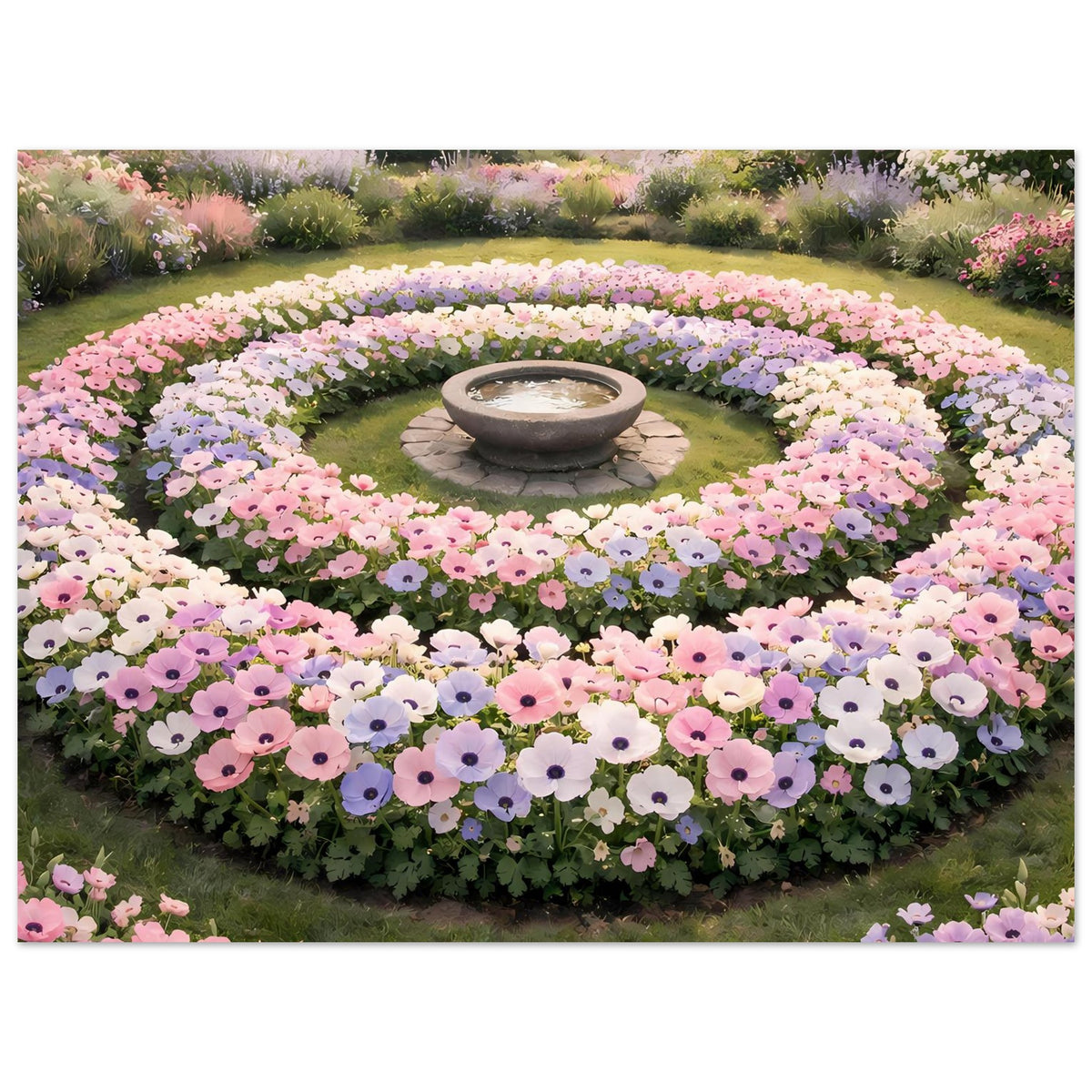 Horizontales Poster mit kreisförmigen Blütenbeeten in Pastellfarben und Schale
