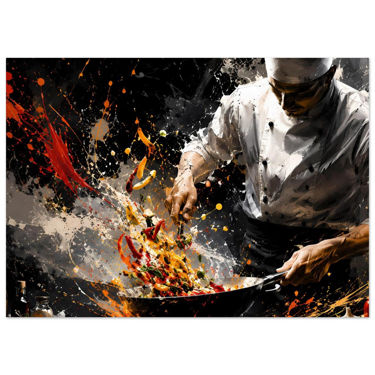 Küchenchef-Actionposter im Querformat: Kochjacke über Pfanne, bunte Farbspritzer auf Dunkel.