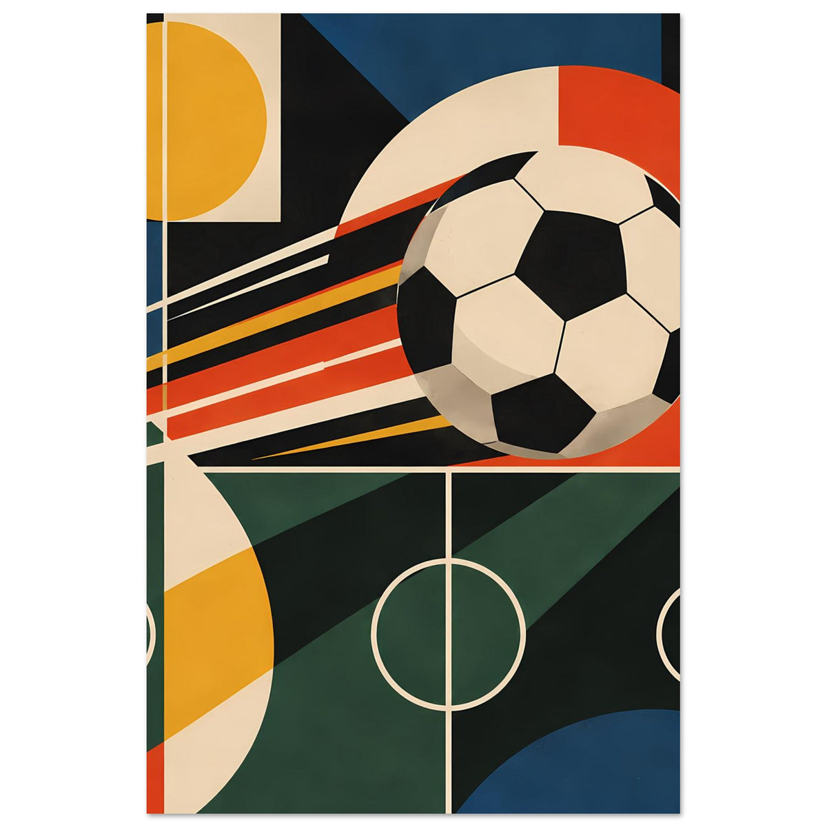 Fußballkunst-Poster im Rahmen mit großem Ball, Mittellinie und diagonalen Farbbahnen.