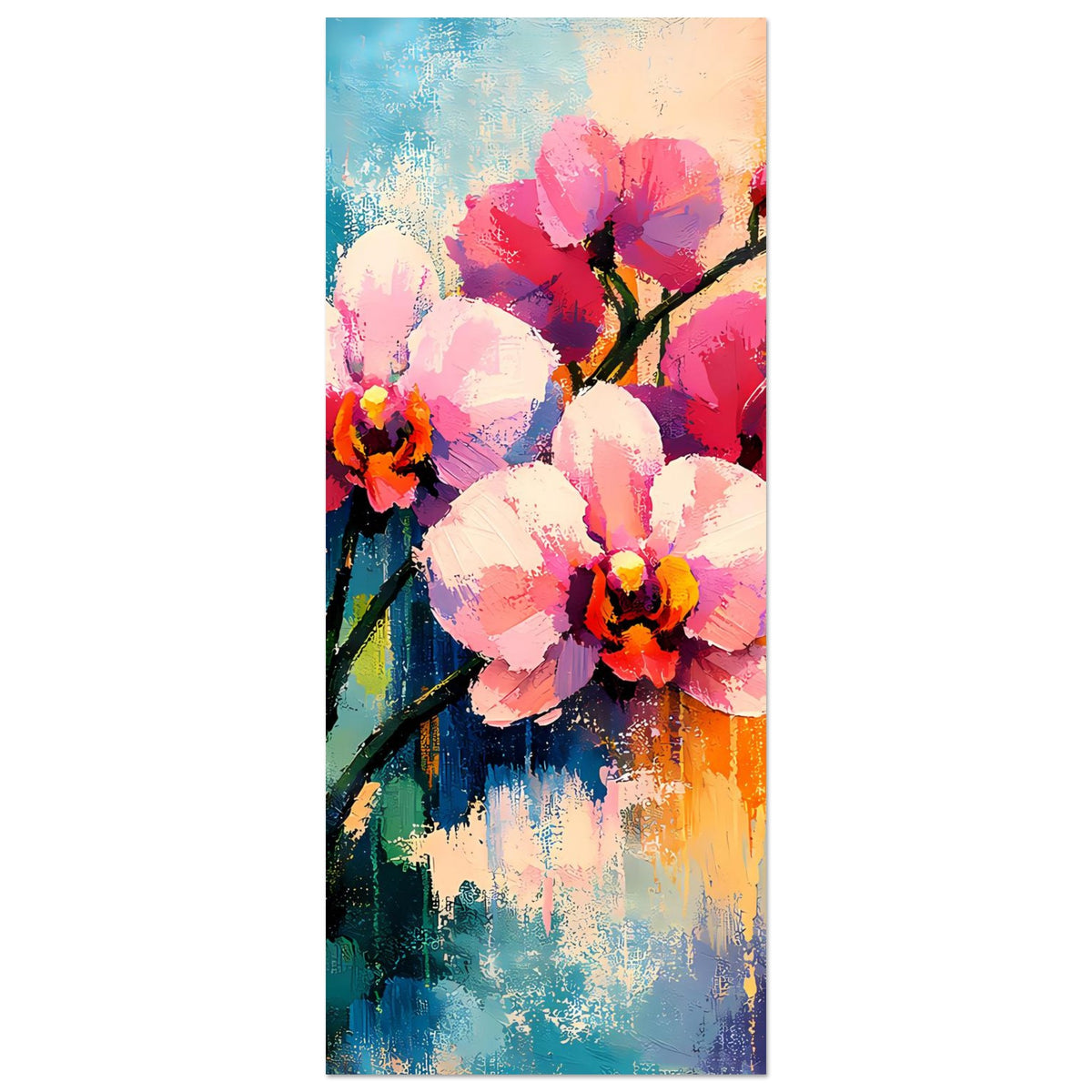 Orchideenblüten-Poster im Hochformat auf mattem Papier, abstrakter Blumenstrauß mit buntem Farbverlauf