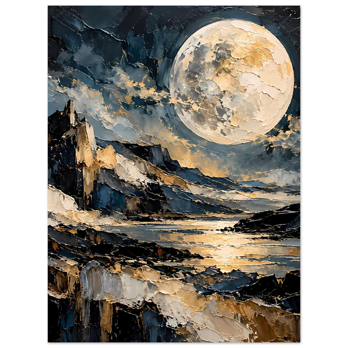Poster: Vollmond über Landschaft mit felsigen Hängen und schimmerndem See in Blau und Gold.