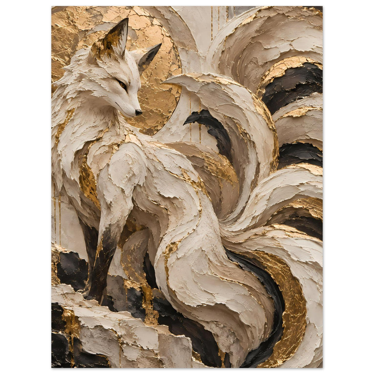 Kunstposter mit Fuchs-Motiv, vertikaler Zuschnitt; creme, Gold und dunkle Wirbel mit Struktur