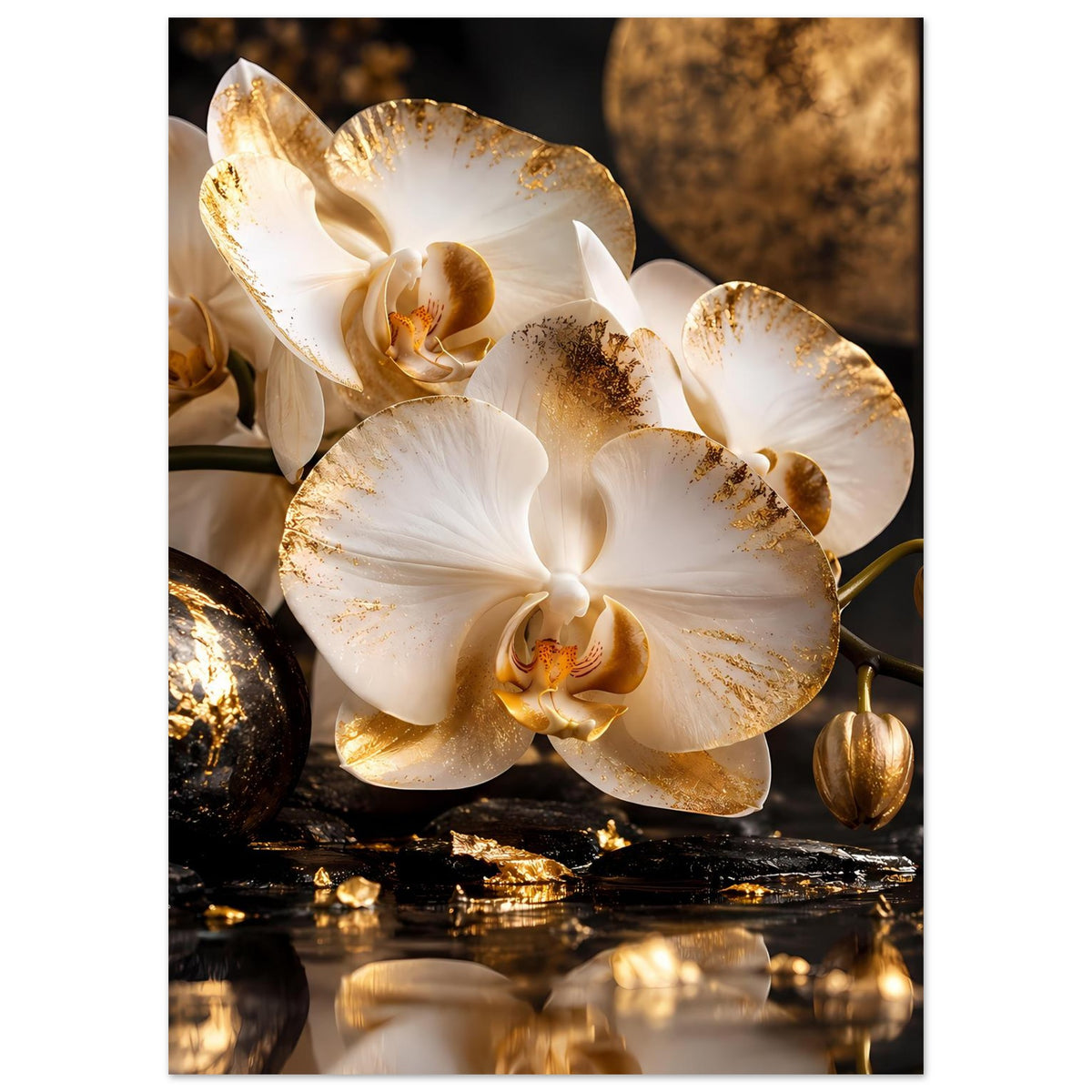 Poster: weiße Orchideenblüten mit goldenen Akzenten, vertikal