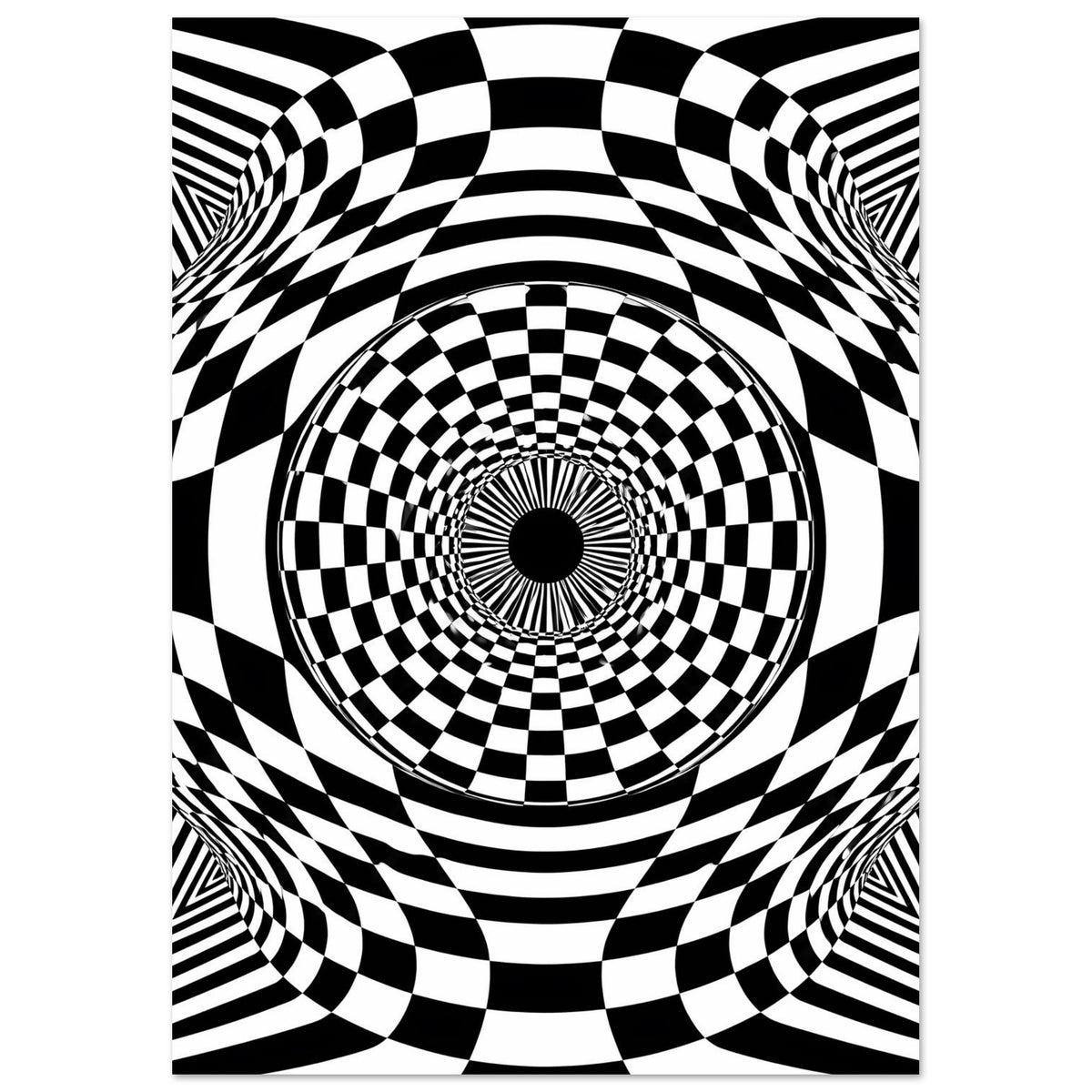 Quadratisches Schwarz-weiß-Poster mit Schachbrettkreis, Ringe und optischer Illusion