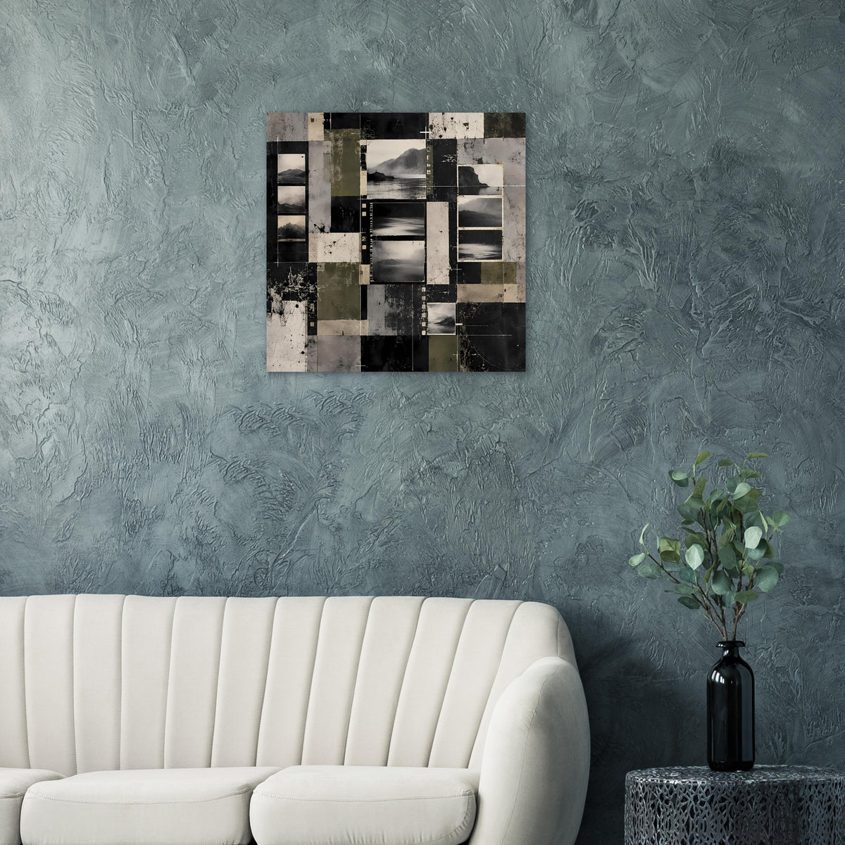 Abstraktes Landschafts-Poster mit quadratischem Collage-Look in Schwarz und Hellgrau