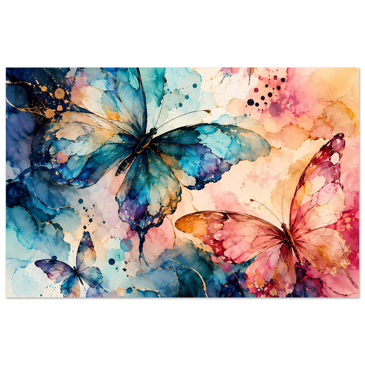 Breites Naturposter mit Aquarell-Schmetterlingen in Blau und Rosa, unten angeschnitten