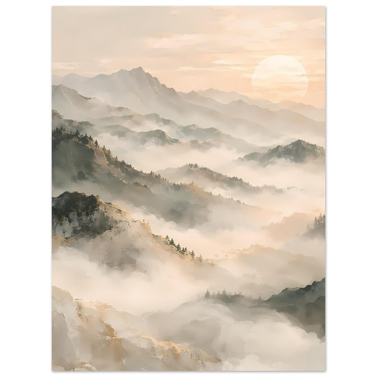 Wandposter im Hochformat mit nebelverhangenen Bergen, grüngrauen Hügeln und warmem Himmel