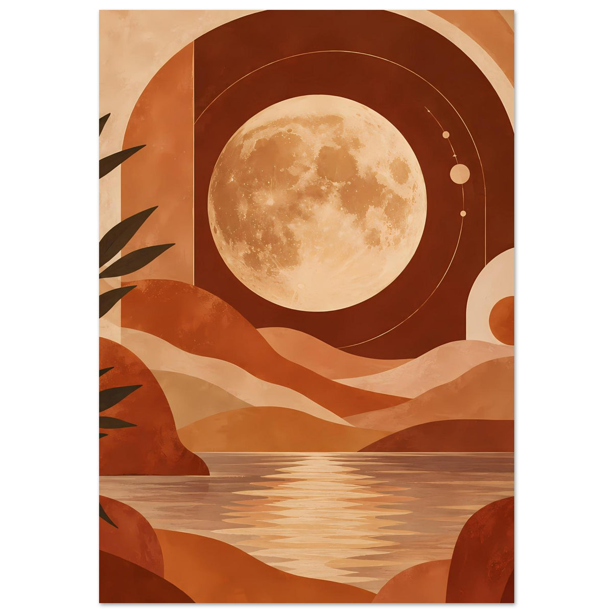 Boho-Poster mit Vollmondscheibe, Wellenlinien am Sand, Terrakotta-Palette, schlanke Pflanzen