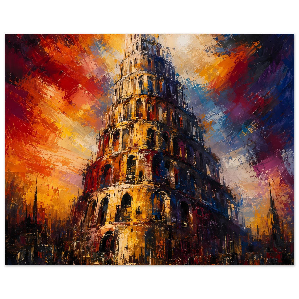 Poster im Querformat: Turm von Babel mit kräftigen Farbwirbeln in Rot, Blau und Gold.