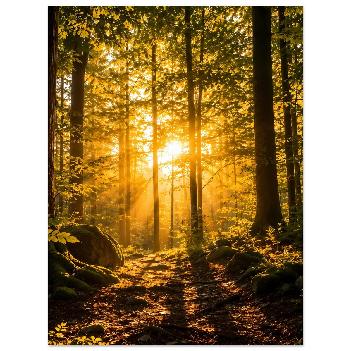 Waldposter mit warmen Sonnenstrahlen durch Bäume, schmaler Pfad im Vordergrund, goldene Farbtöne