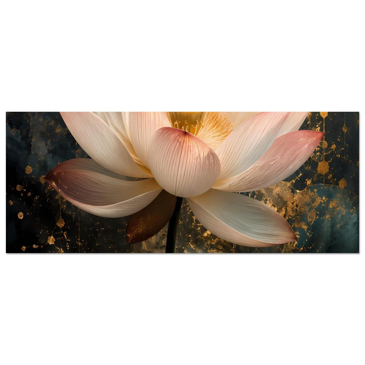 Horizontales Poster mit großer Lotusblüte: weiße Blütenblätter, goldene Blütenmitte