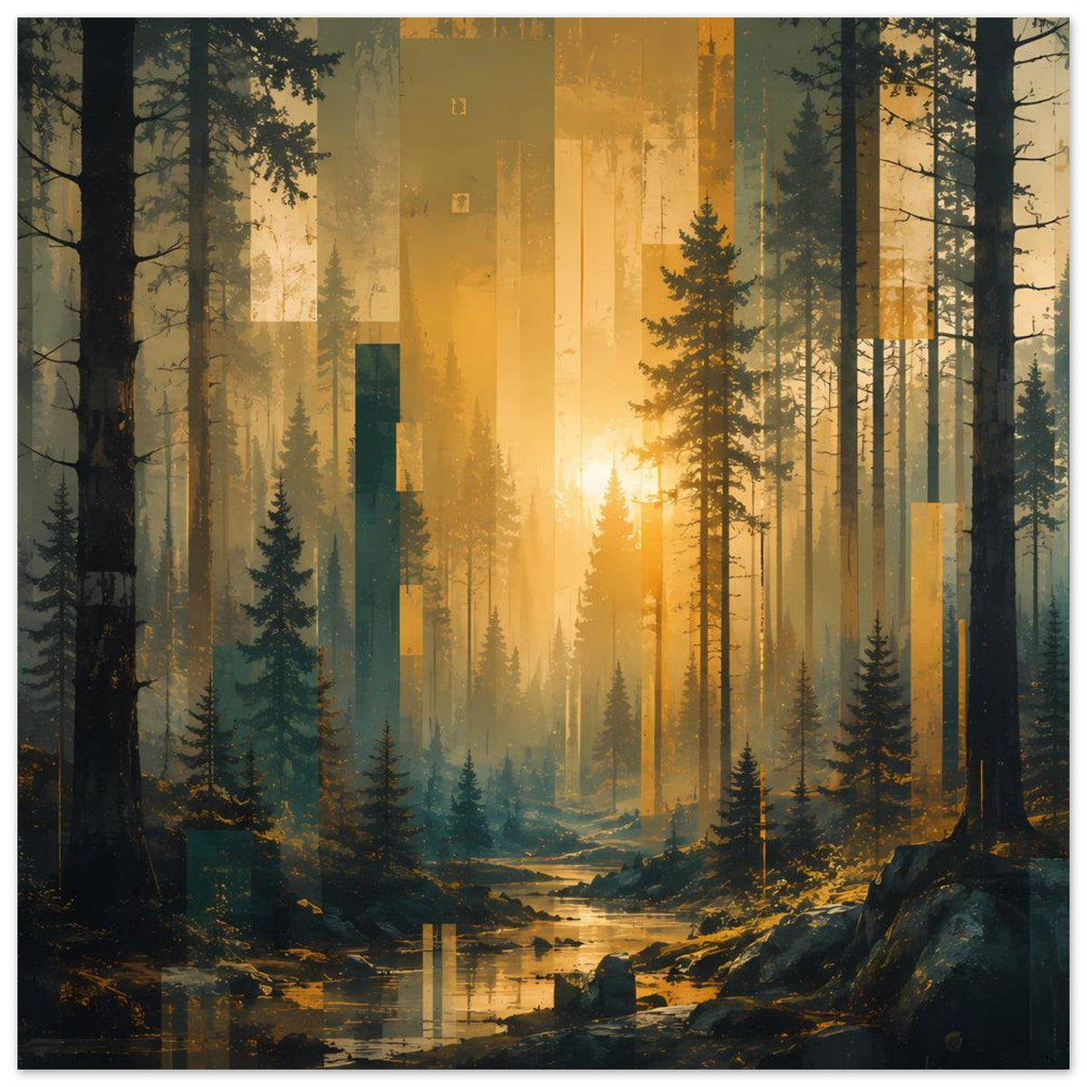 Poster mit Waldlandschaft im warmen Licht: hohe Bäume, Bachlauf und Felsvorsprung