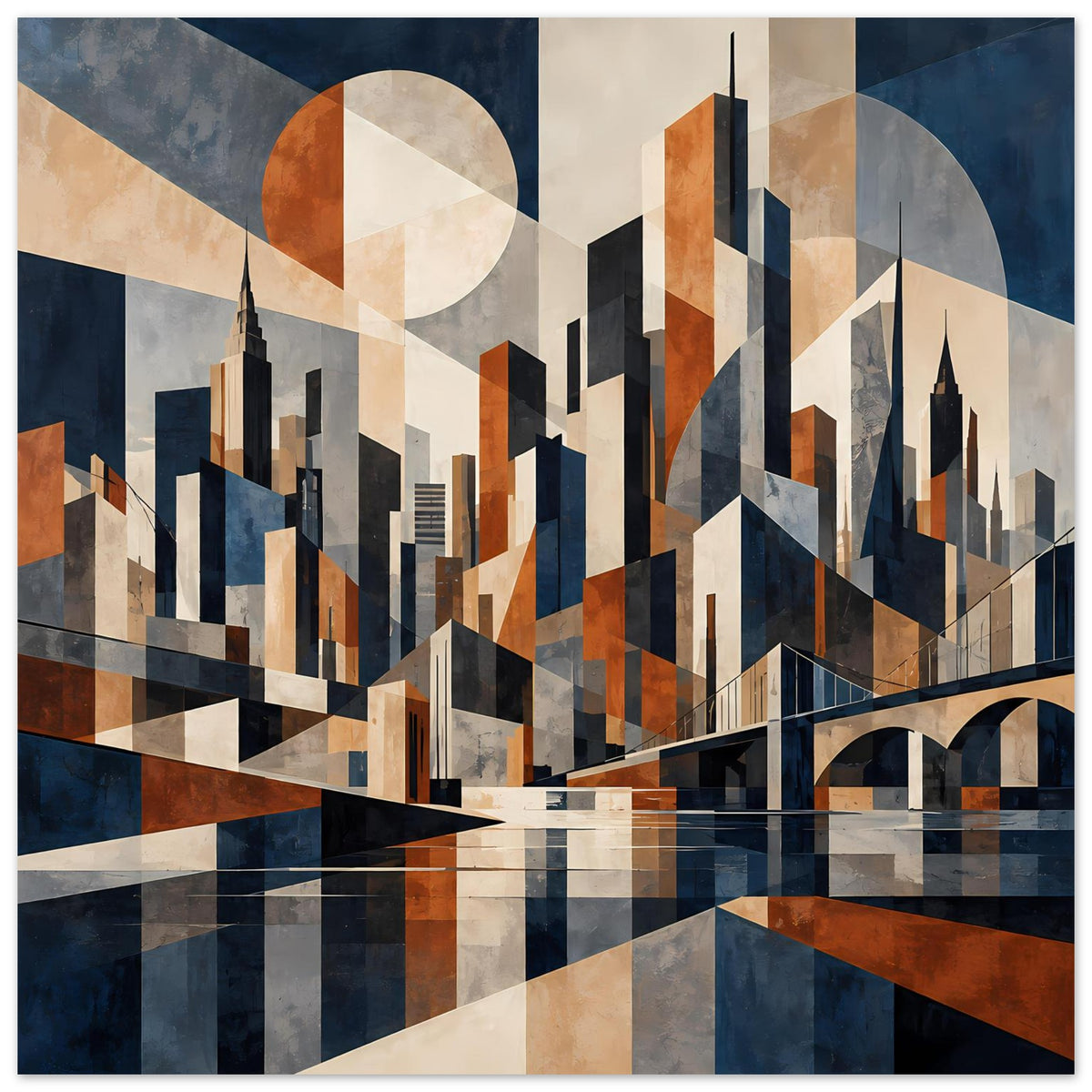 Poster mit abstrakter Stadtsilhouette: Wolkenkratzer und Brücke in Blau und Rostrot, geometrisch.