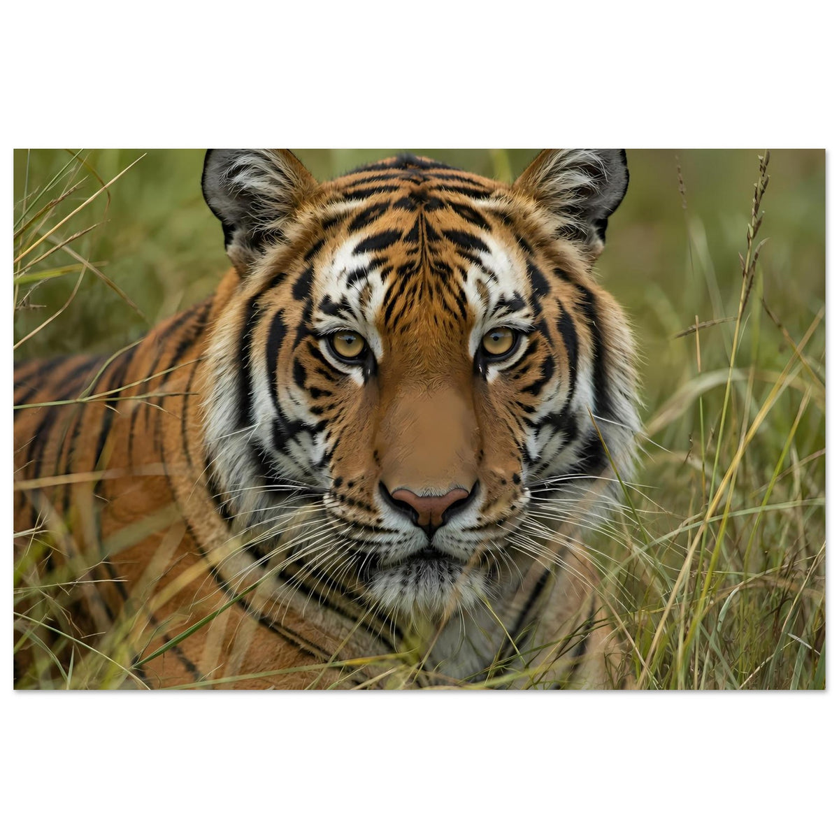 Tiger-Poster im Gras: großes Gesicht im Fokus, orange-braunes Fell, schwarze Streifen, Blick nach vorn