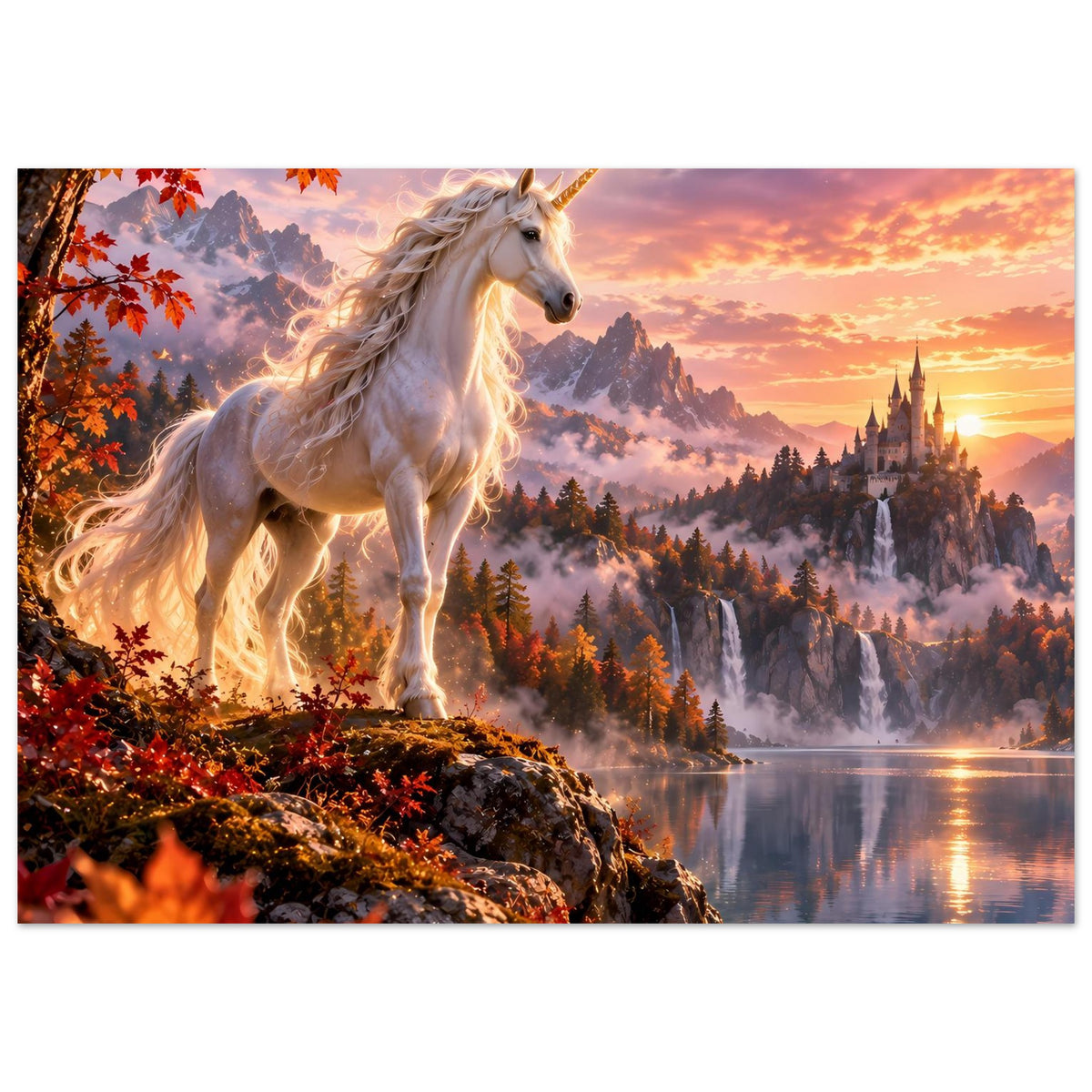 Einhorn-Fantasyposter (quer): weißes Einhorn auf Felsen vor Herbstwald, Schloss und Wasser